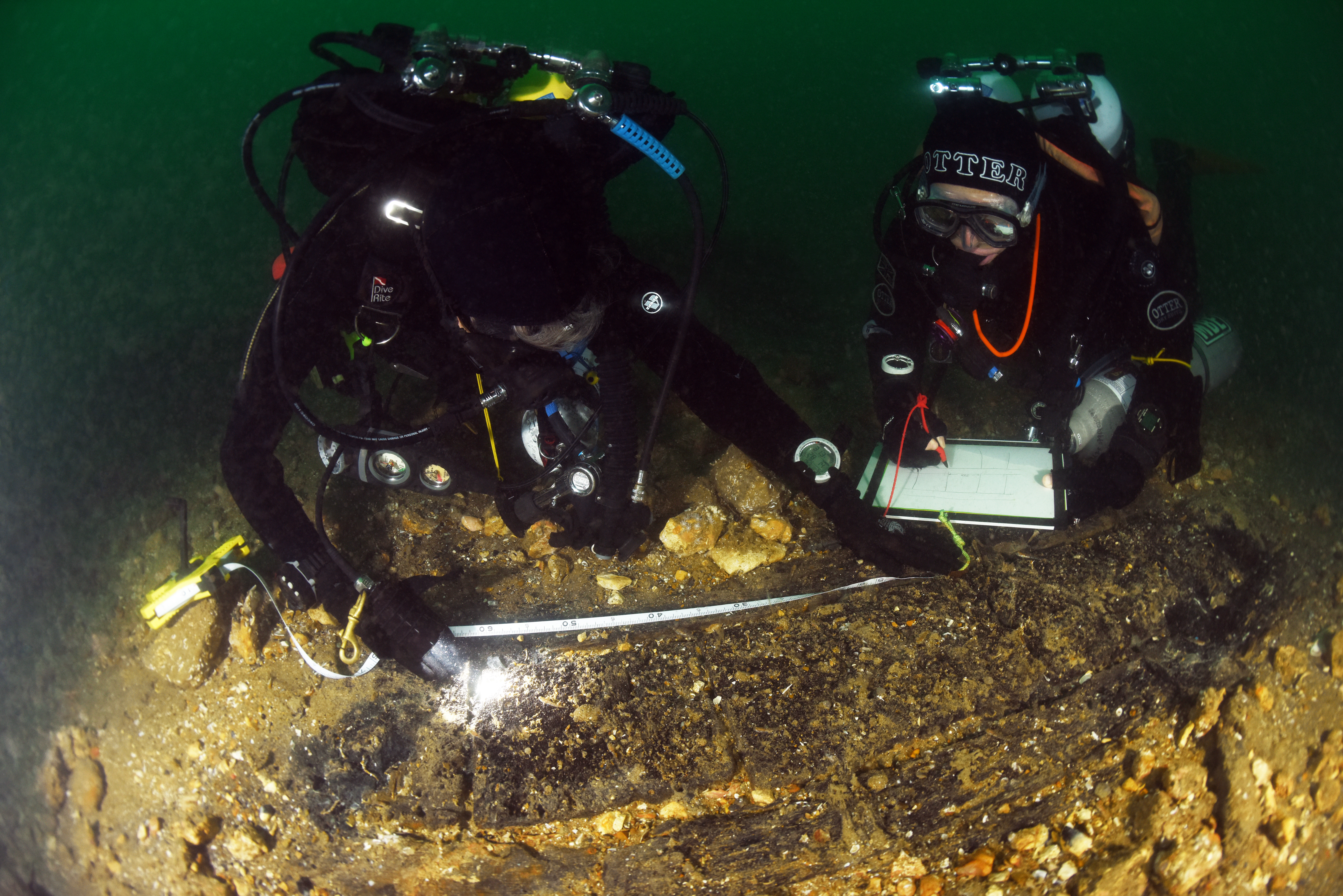 Nautical Archaeology Society divers measuring the timbers of the 17th Century Klein Hollandia shipwreck
