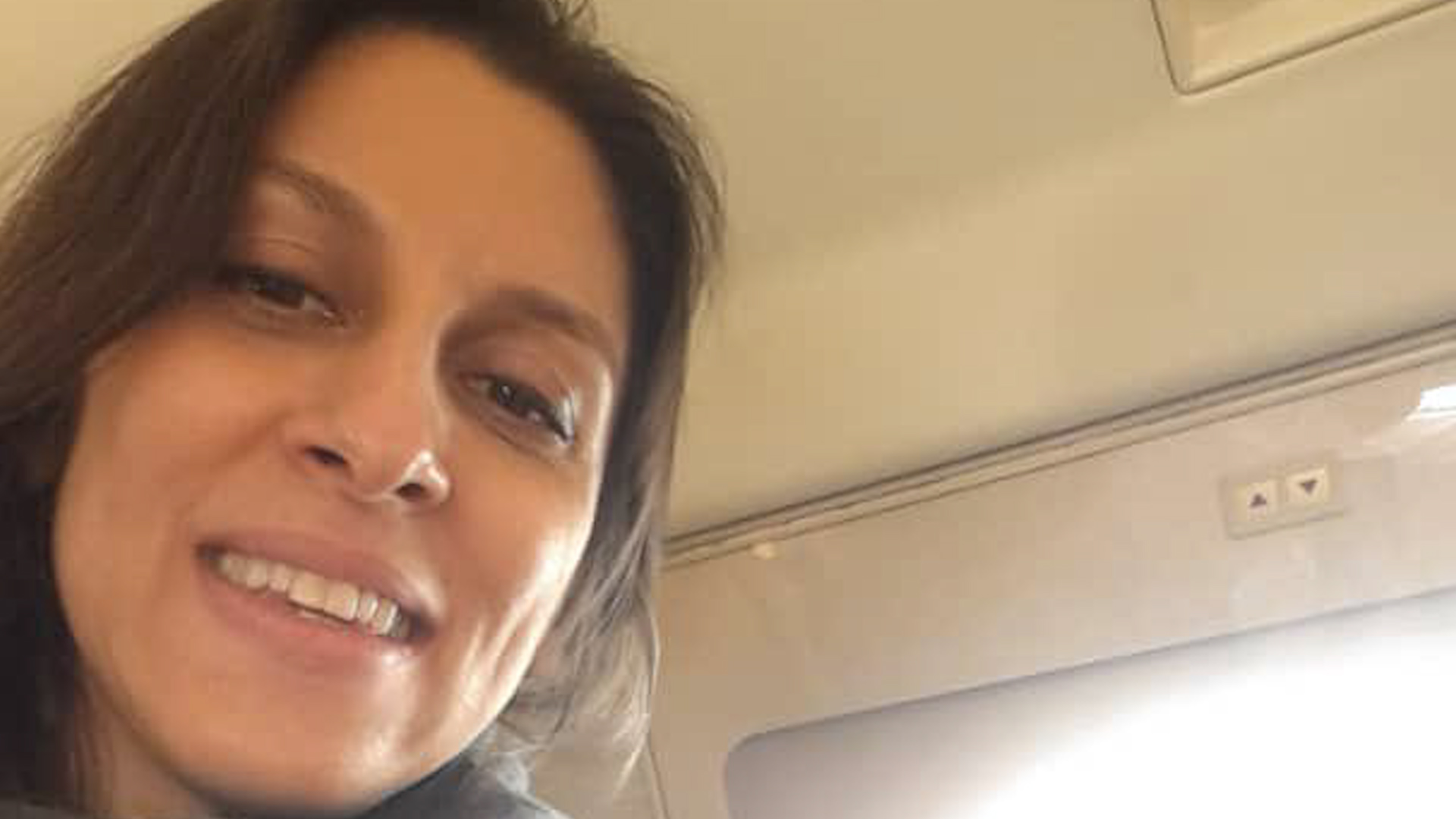 Nazanin Zaghari-Ratcliffe smiles as she is flown out of Iran to end her six years of detention (Picture: Tulip Siddiq MP/Twitter).
