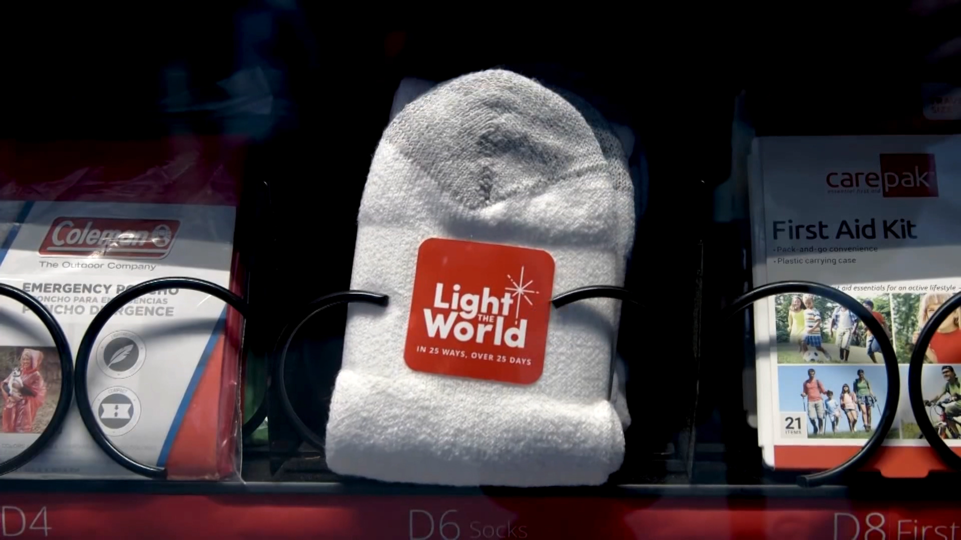 Items available for donation on the 'Light the World' charity vending machine