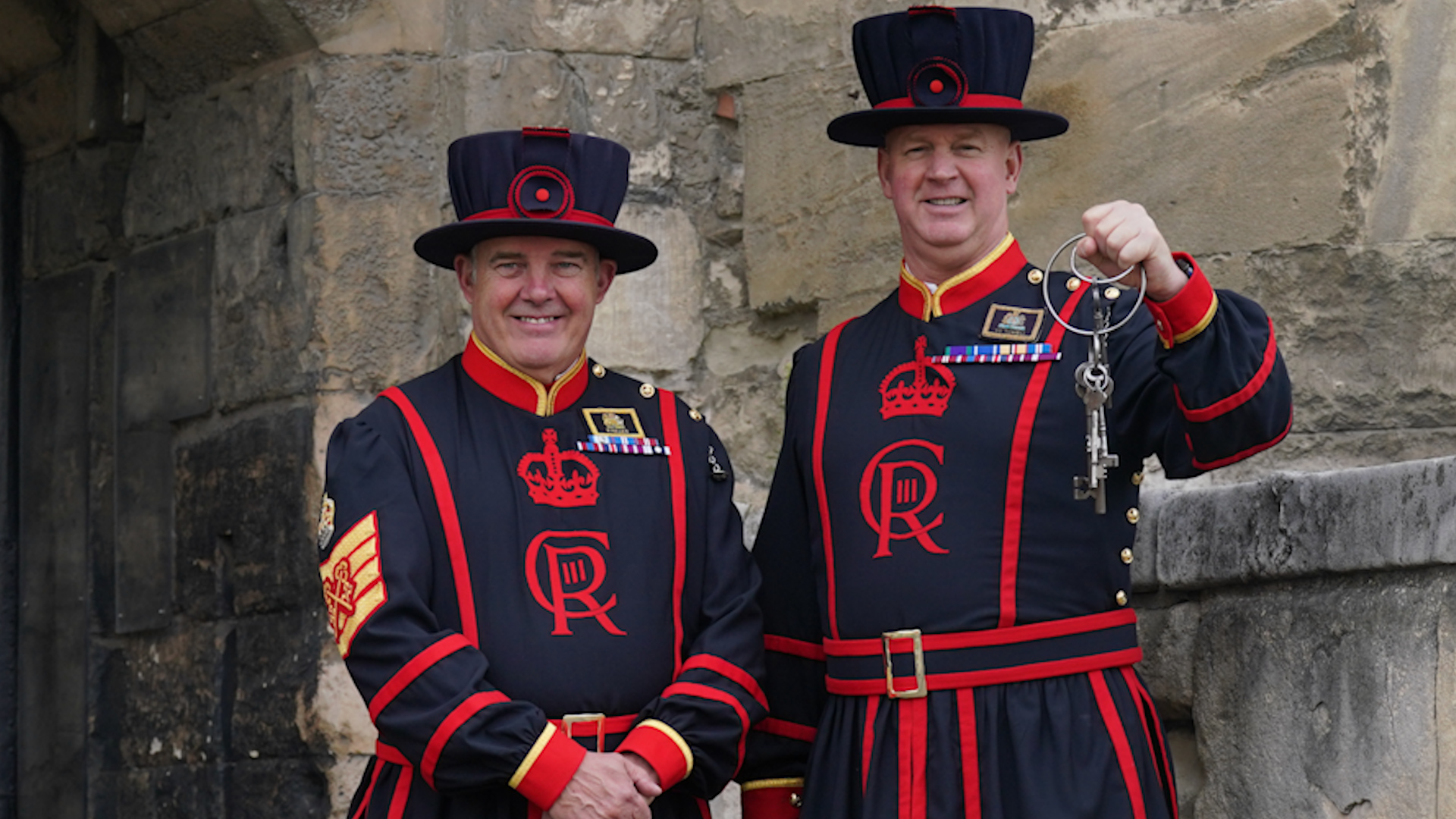 New Chief Yeoman Warder Rob Fuller (left) and Yeoman gaoler Clive Towell first day at the Tower of London 18072023  NO REUSE CREDIT PA WIRE, PA IMAGES