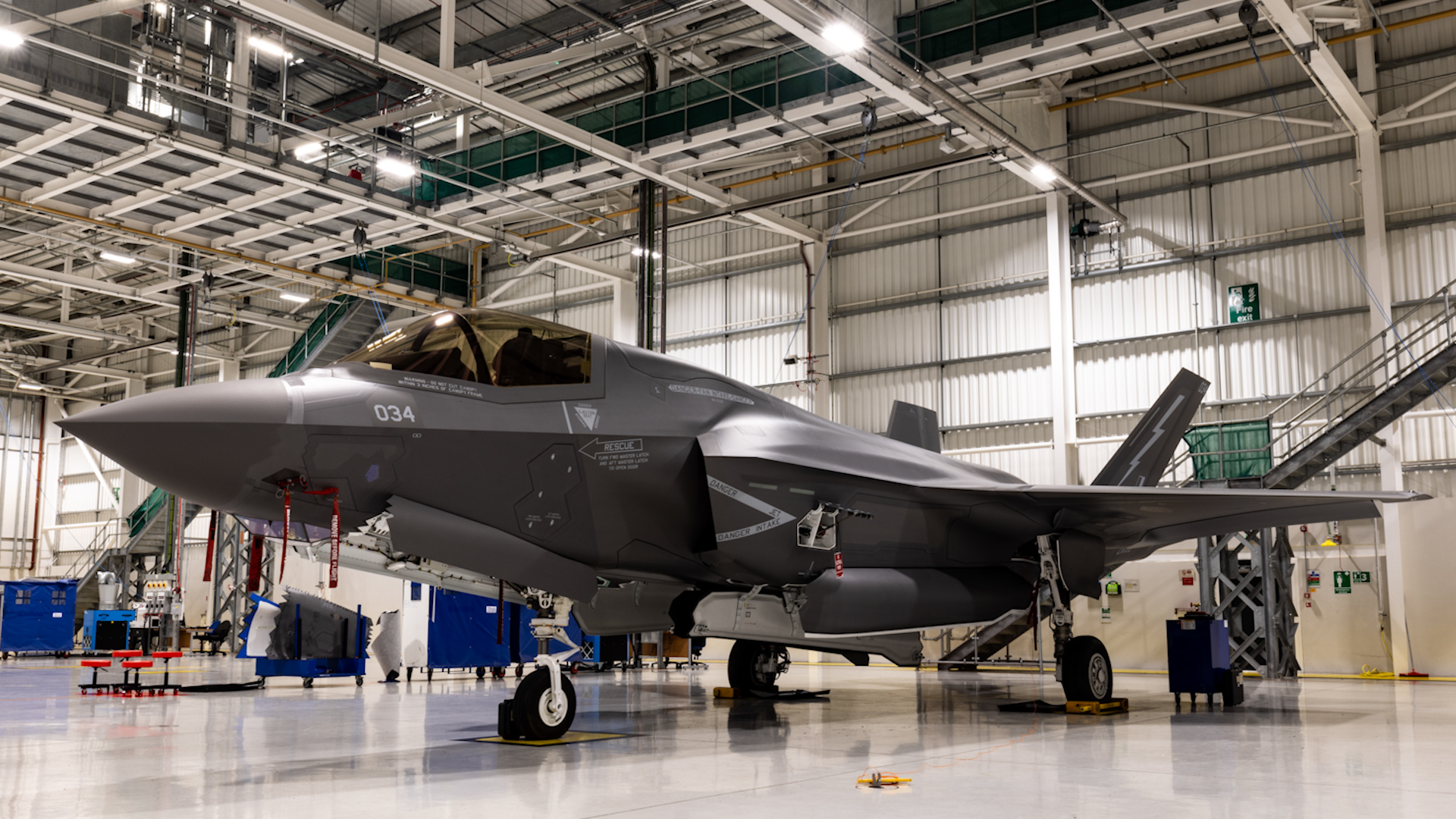 New Lightning F-35B stealth fighters ZM169 (BK35) arrive RAF Marham in hangar 230324 CREDIT RAF
