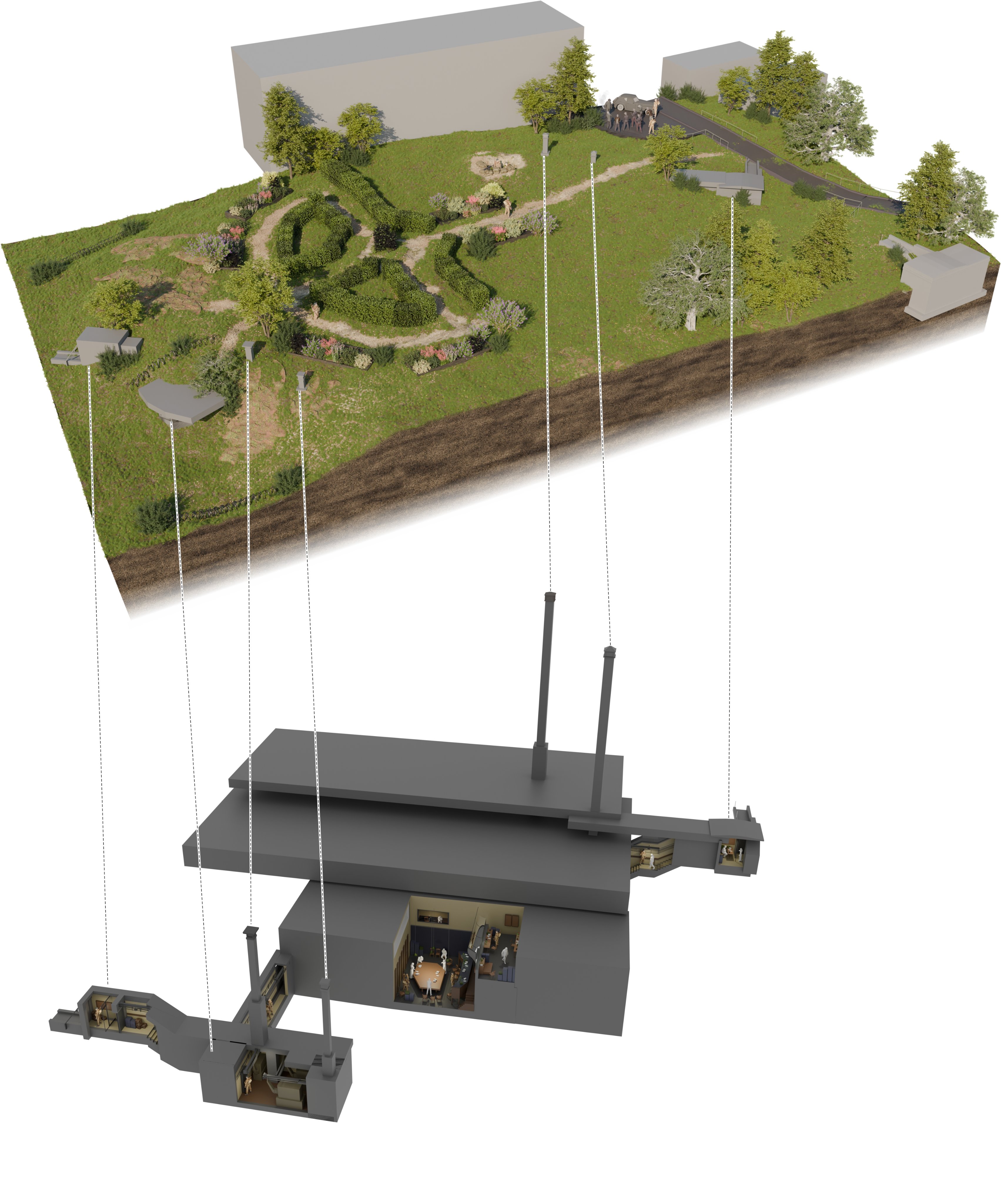 A new artistic impression of the Battle of Britain bunker during the Second World War shows the bunker above ground is disguised by landscaping that makes it look like a garden feature (Picture: Museum of London Archaeology)