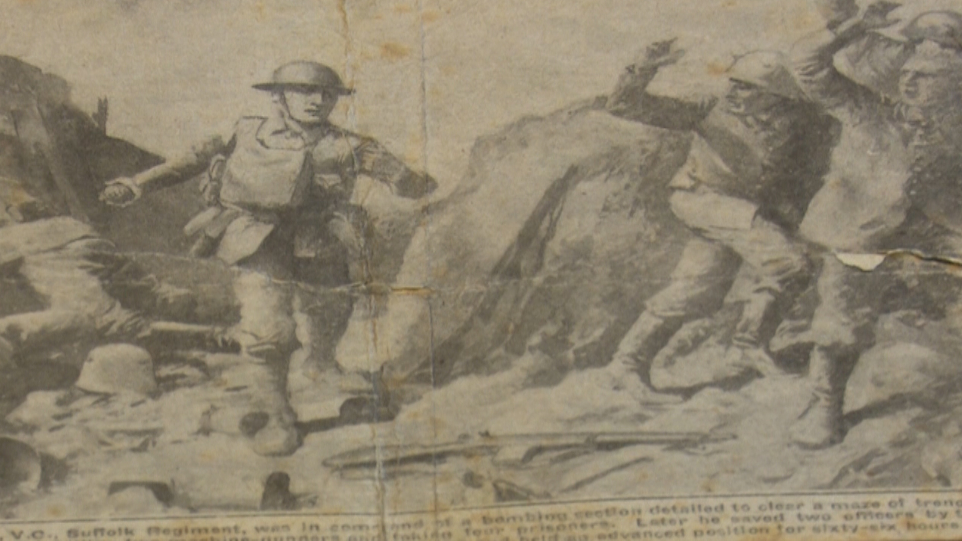 Drawing of Sidney Day VC attacking German trenches