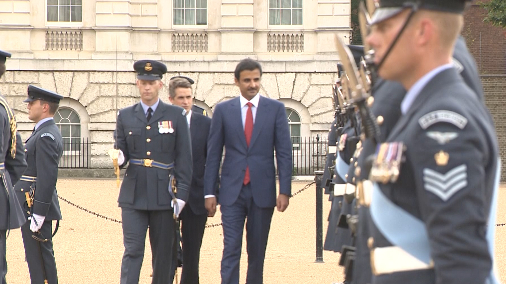 Gavin Williamson with Emir of Qatar at standing up ceremony for joint Typhoon Squadron