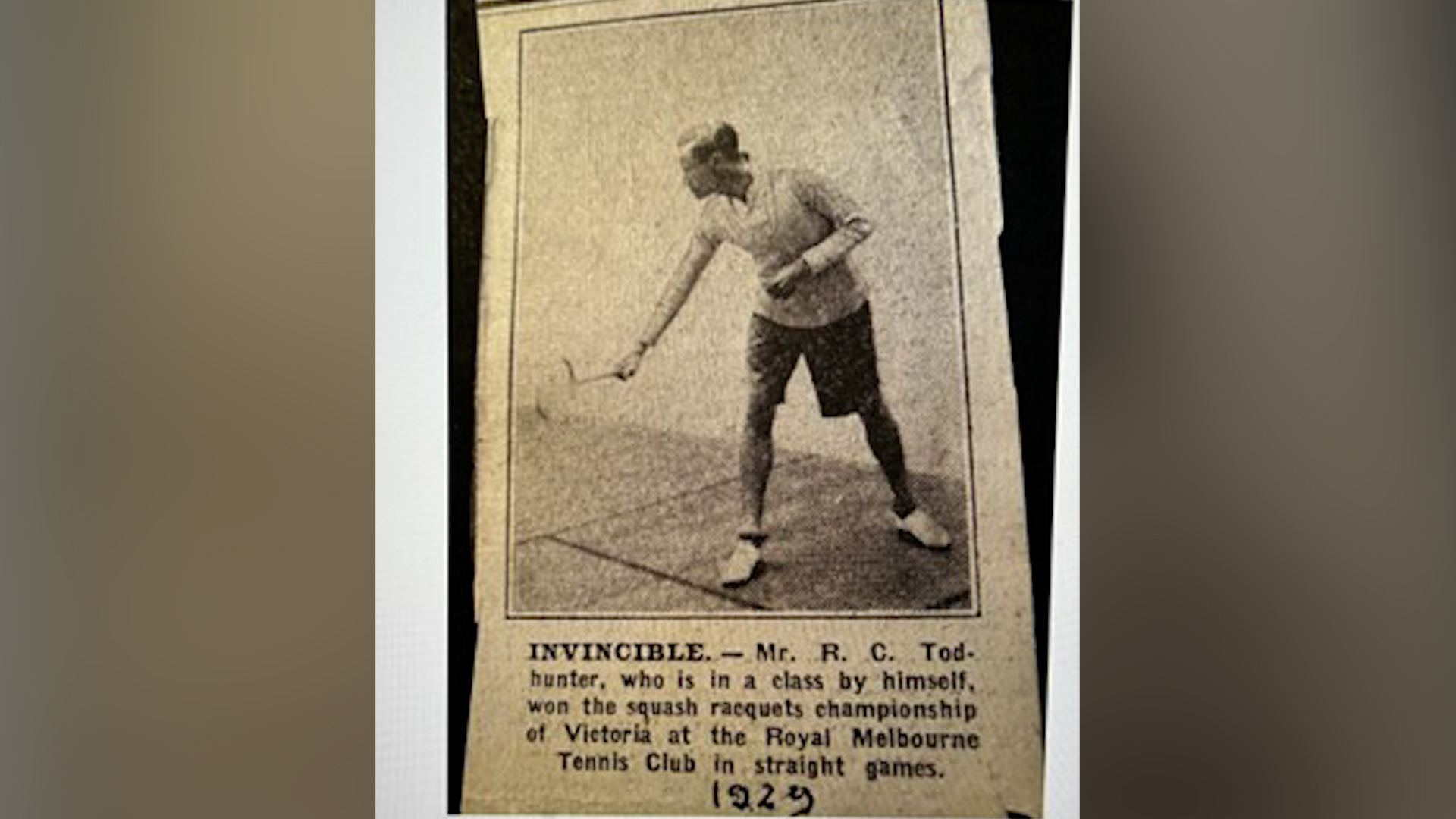 Newspaper clipping of Captain Robin Charles Todhunter playing squash in 1929 CREDIT Todhinter family archive DATE 19022025.jpg