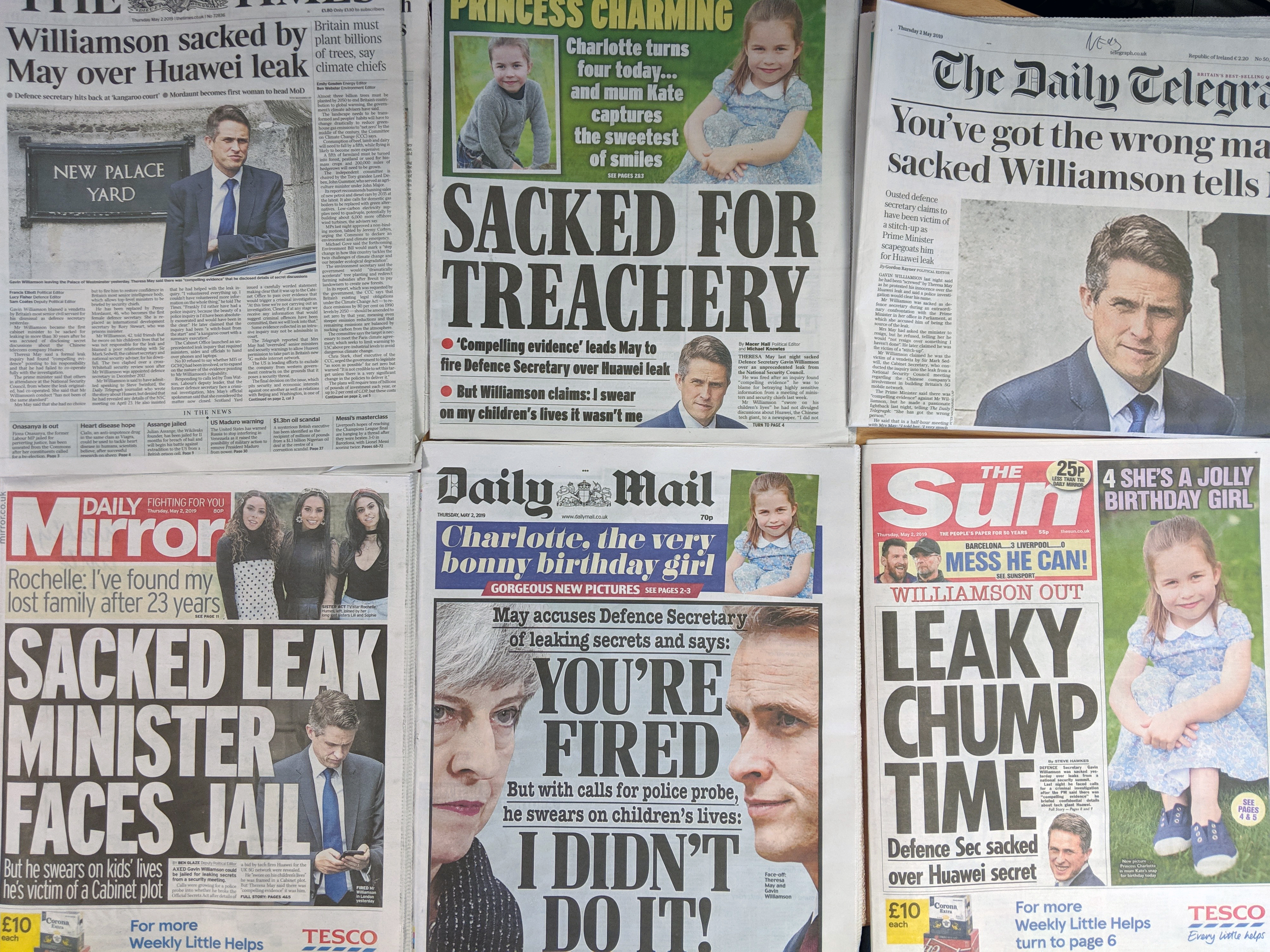 Newspaper coverage of Defence Secretary Gavin Williamson sacking 020519 SOURCE BFBS