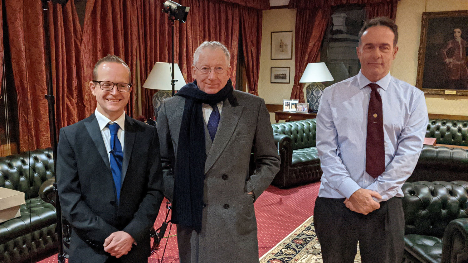 Radio broadcaster Tim Humphries TV presenter Nick Hewer The Apprentice Countdown Cameraman Mark Hearn (Picture: BFBS).