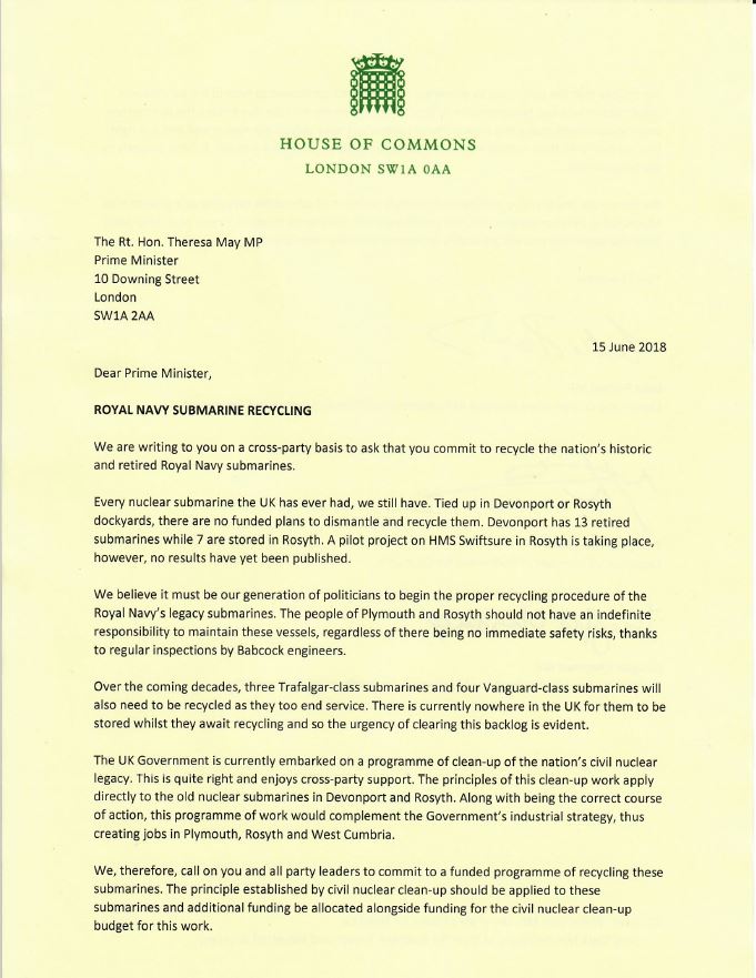 Nuclear sub recycling programme letter