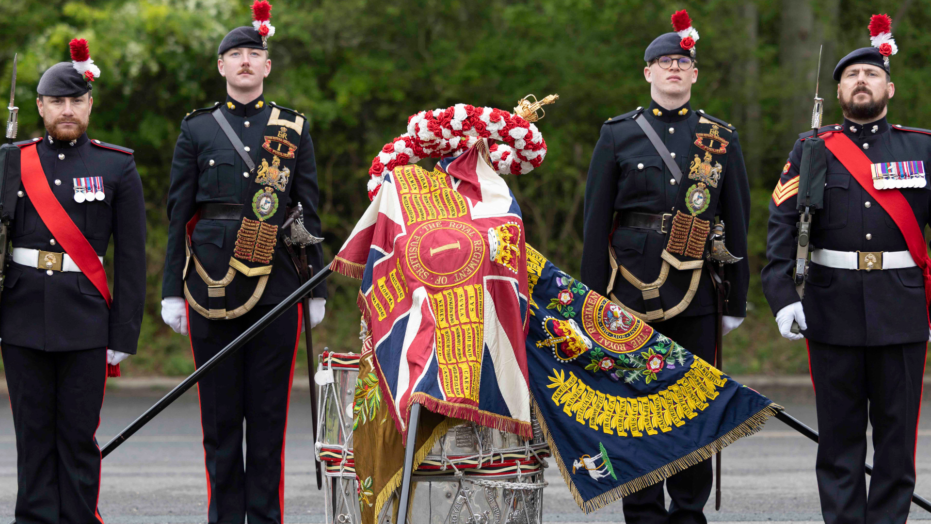 Officers and soldiers of The 1st Battalion the Royal Regiment of Fusiliers held a parade to mark St George’s Day at their home base in Tidworth 230425 CREDIT MOD