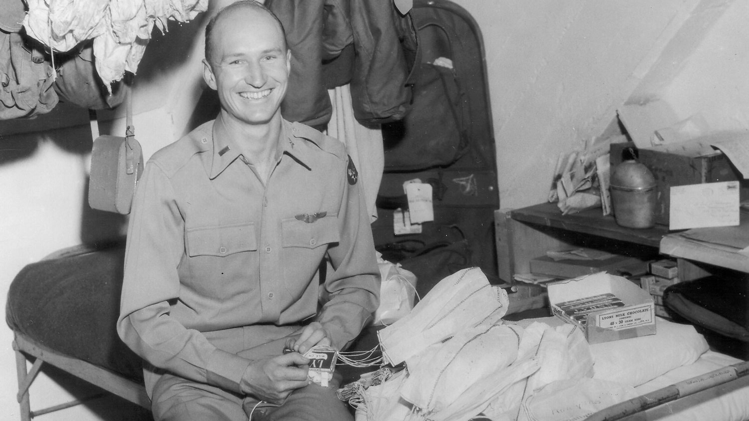 Col (Retd) Gail Halvorsen makes miniature parachutes filled with sweets for German children in Berlin as part of Operation Little Vittles (Picture: Newscom / Alamy Stock Photo).