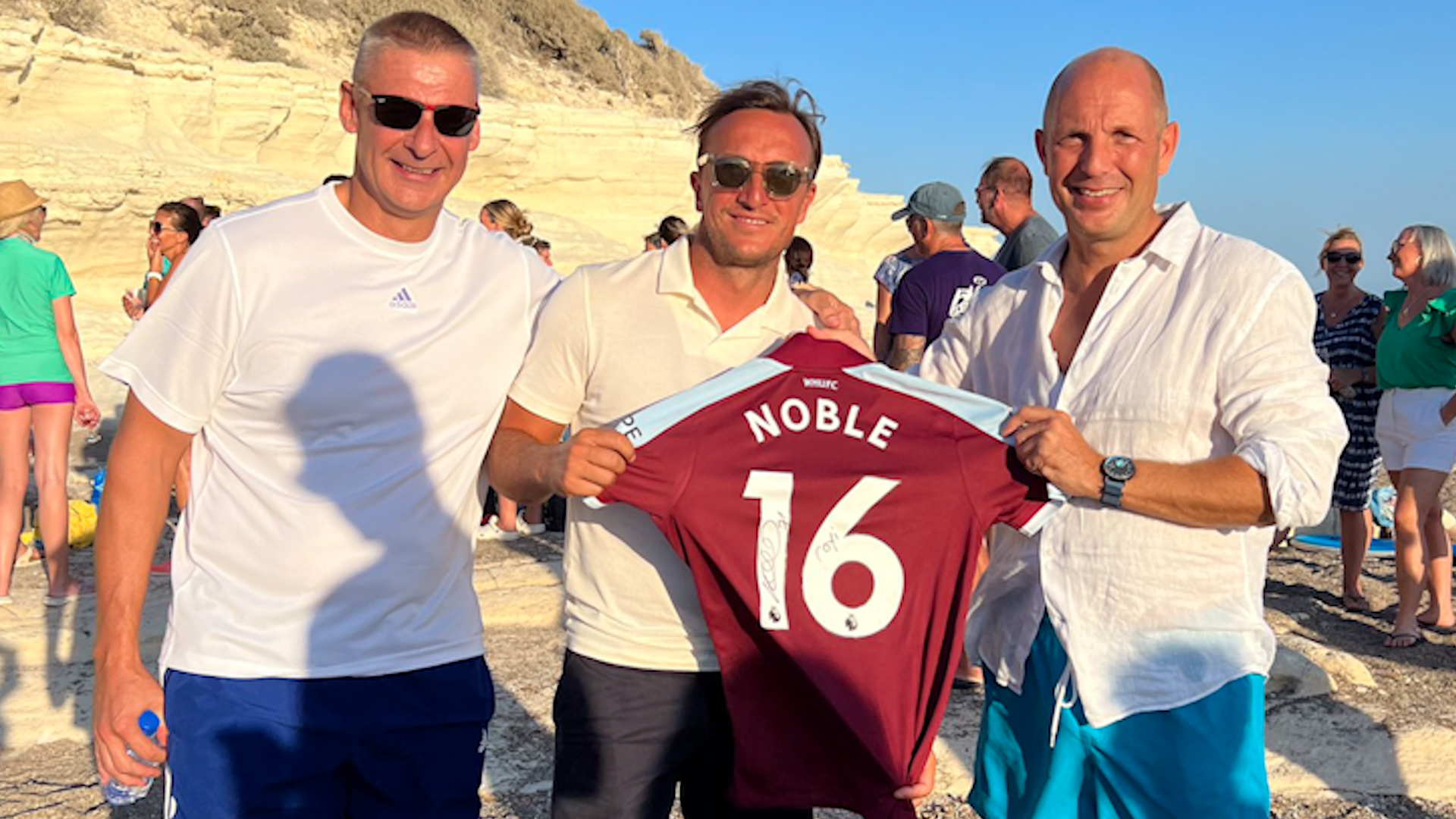 Outgong CBF Rob Thomson (far right) suprised by West Ham legend Mark Noble (centre) 25082022 CREDIT BFCyprus, Rob Thomson.jpg