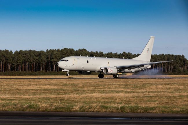 P-8A Poseidon landing at Kinloss Barracks