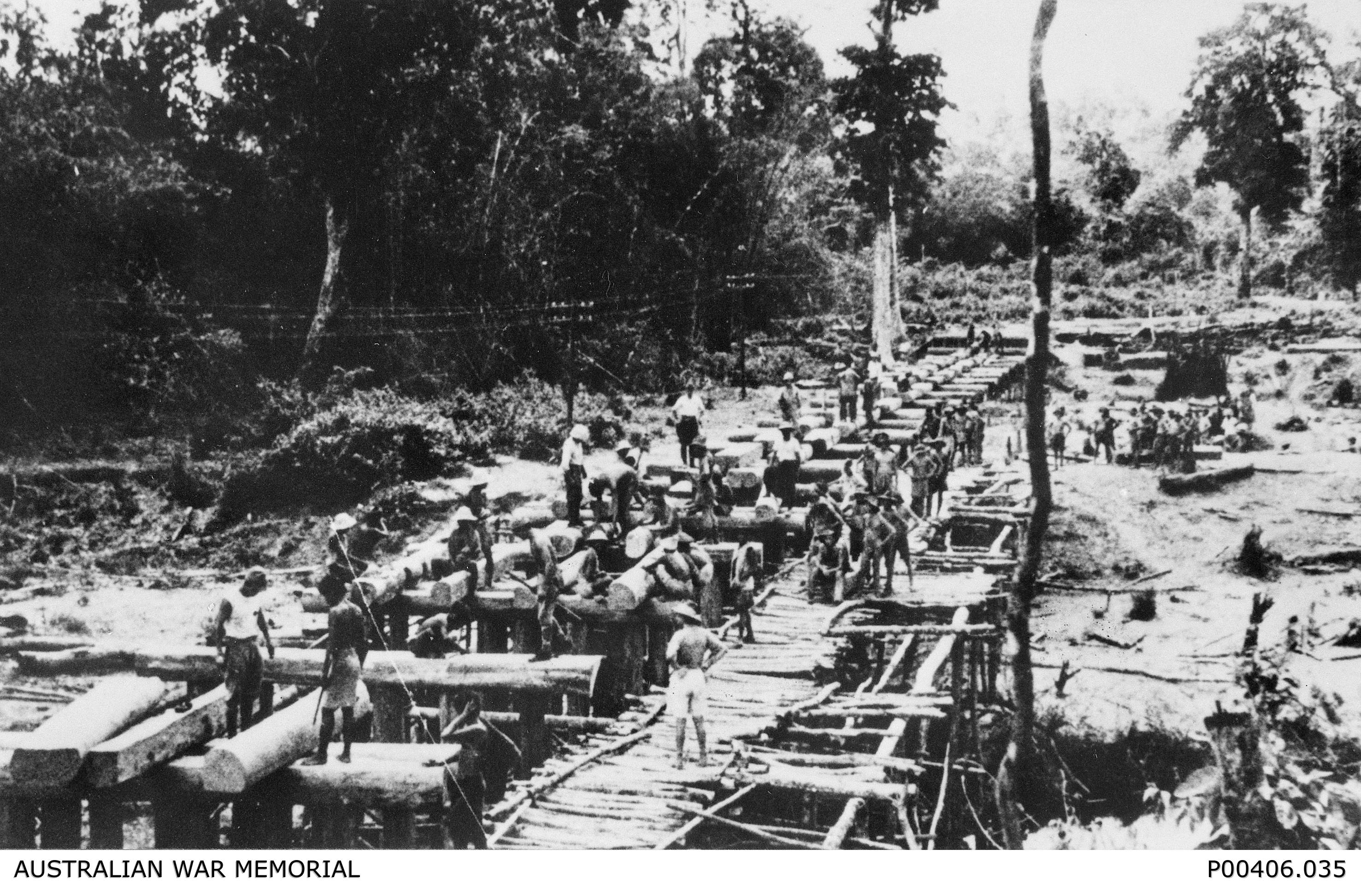 Ronsi, Burma. c. 1943. Prisoners of war (POWs) building a bridge on the Burma-Thailand railway. Credit: Australian War Memorial (Donor A. Seary) - P00406.035