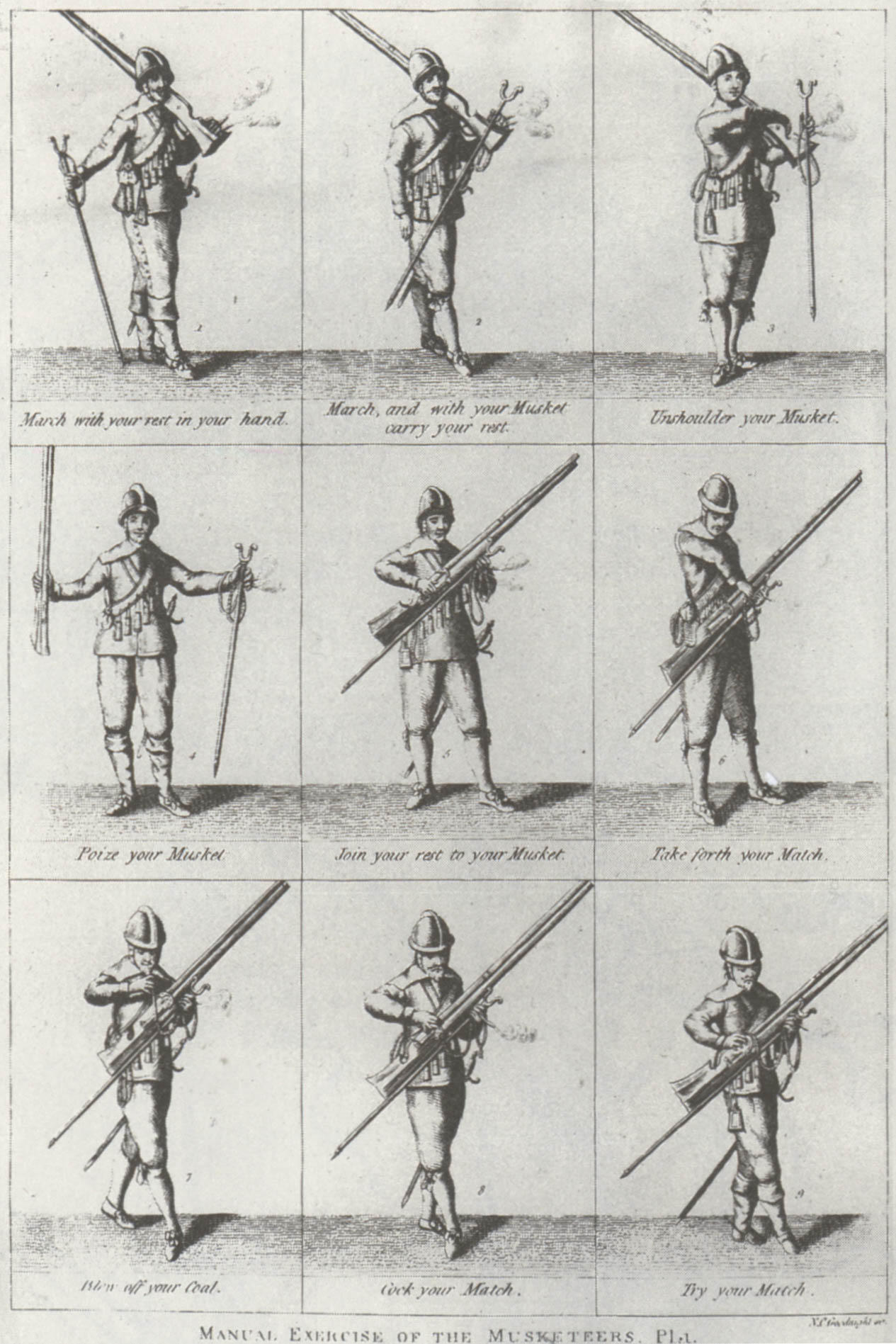 diagrams of a musketeer in an English Civil War drill manual