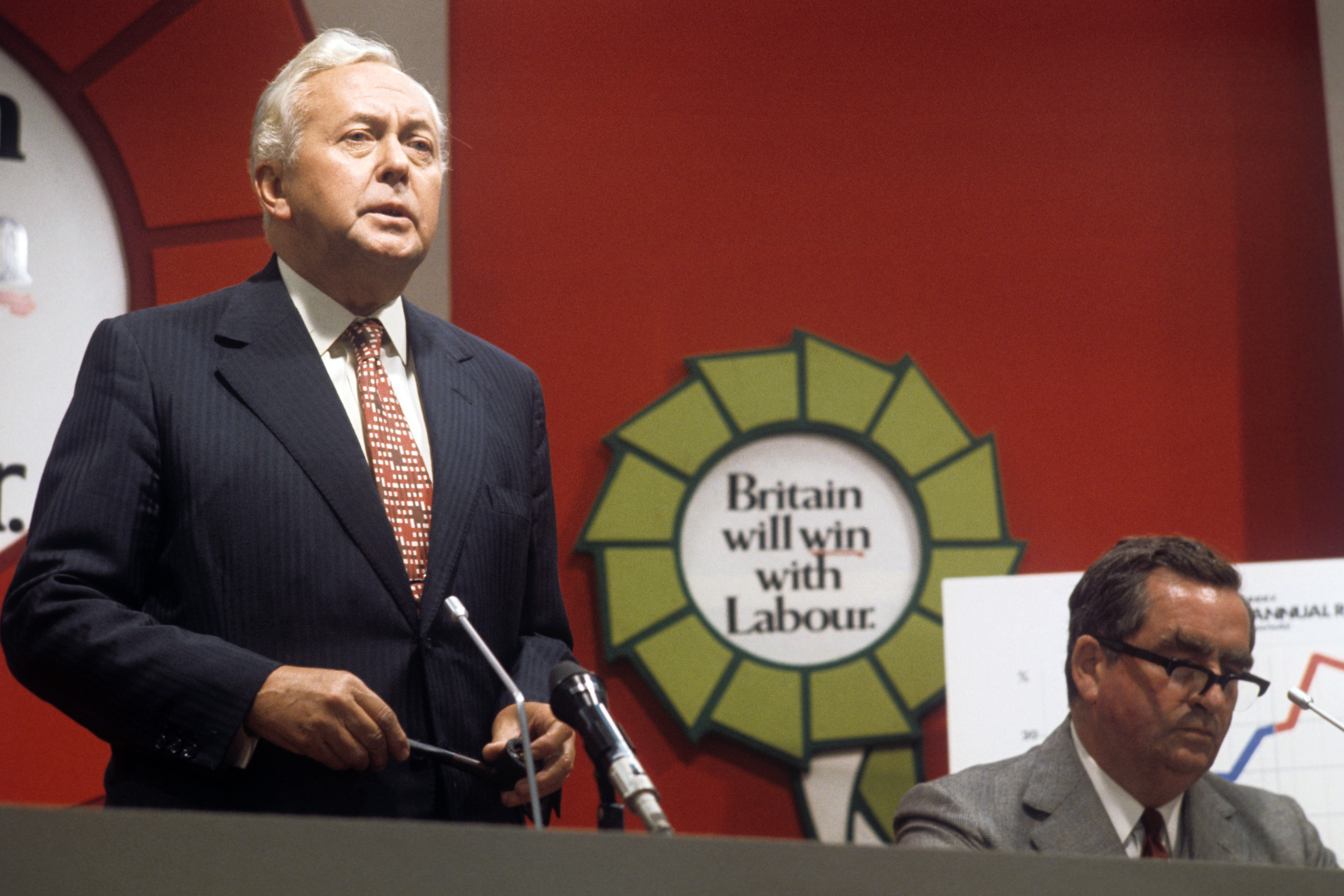 Mr Harold Wilson addressed a press conference during the general election campaign. Seated beside him is Mr Denis Healy, chancellor of the Exchequer.