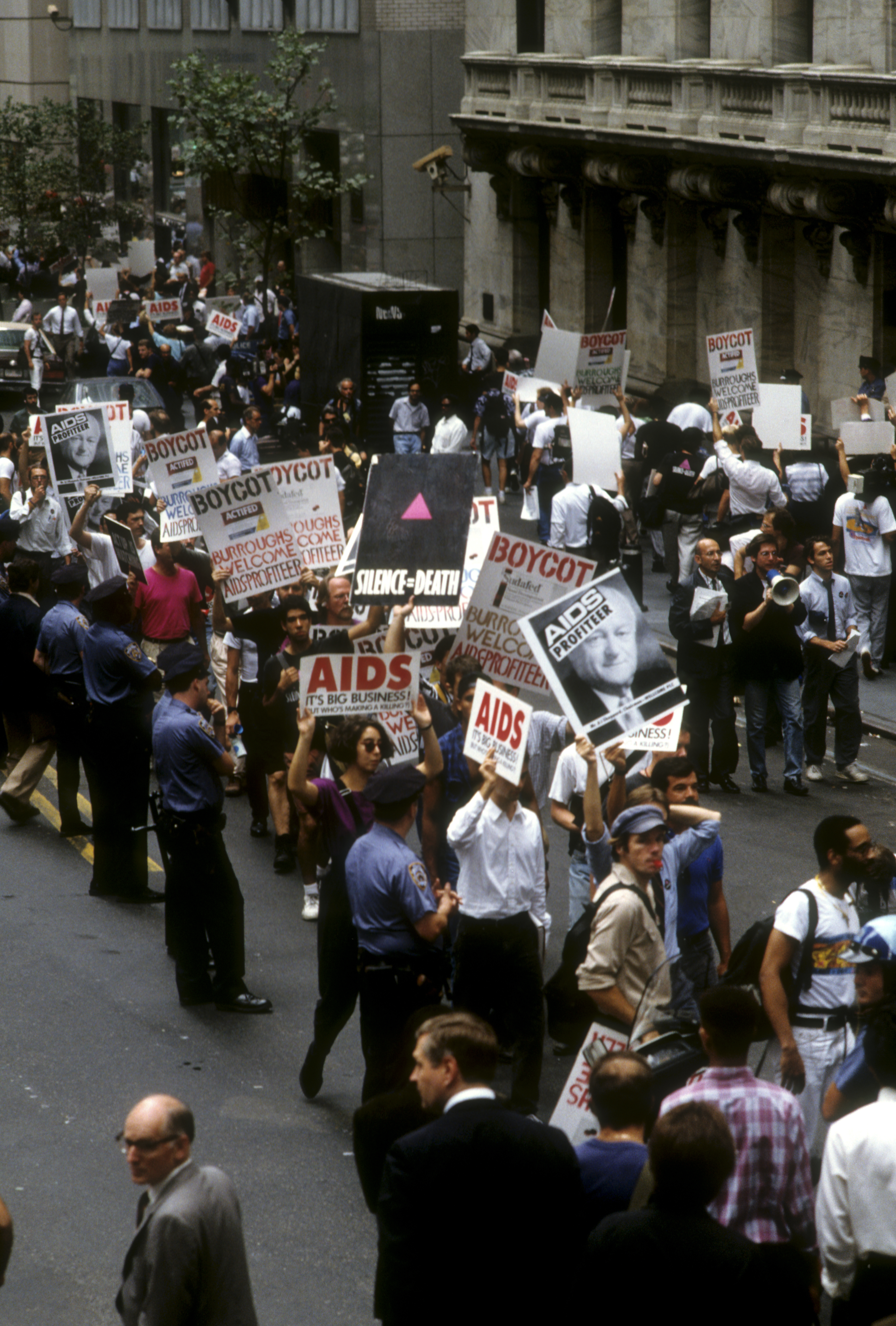 ACT UP (AIDS Coalition to Unleash Power) protests the high cost of AIDS treatment drugs in front of the New York Stock Exchange on September 14, 1989. Credit: PA (photo by Frances M. Roberts).