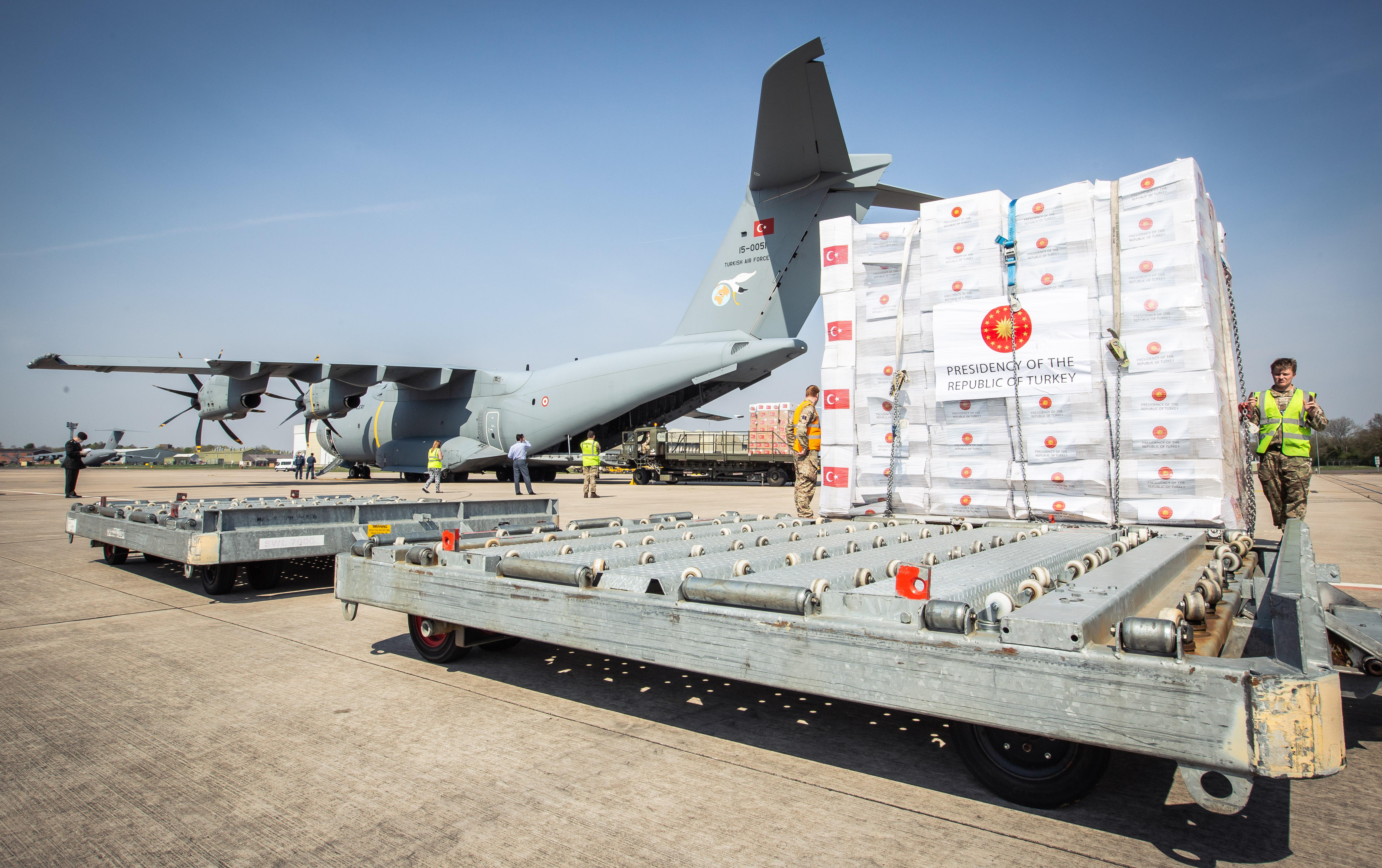 A previous PPE kit delivery from Turkey arrived at RAF Brize Norton nearly two weeks ago (Picture: MOD).
