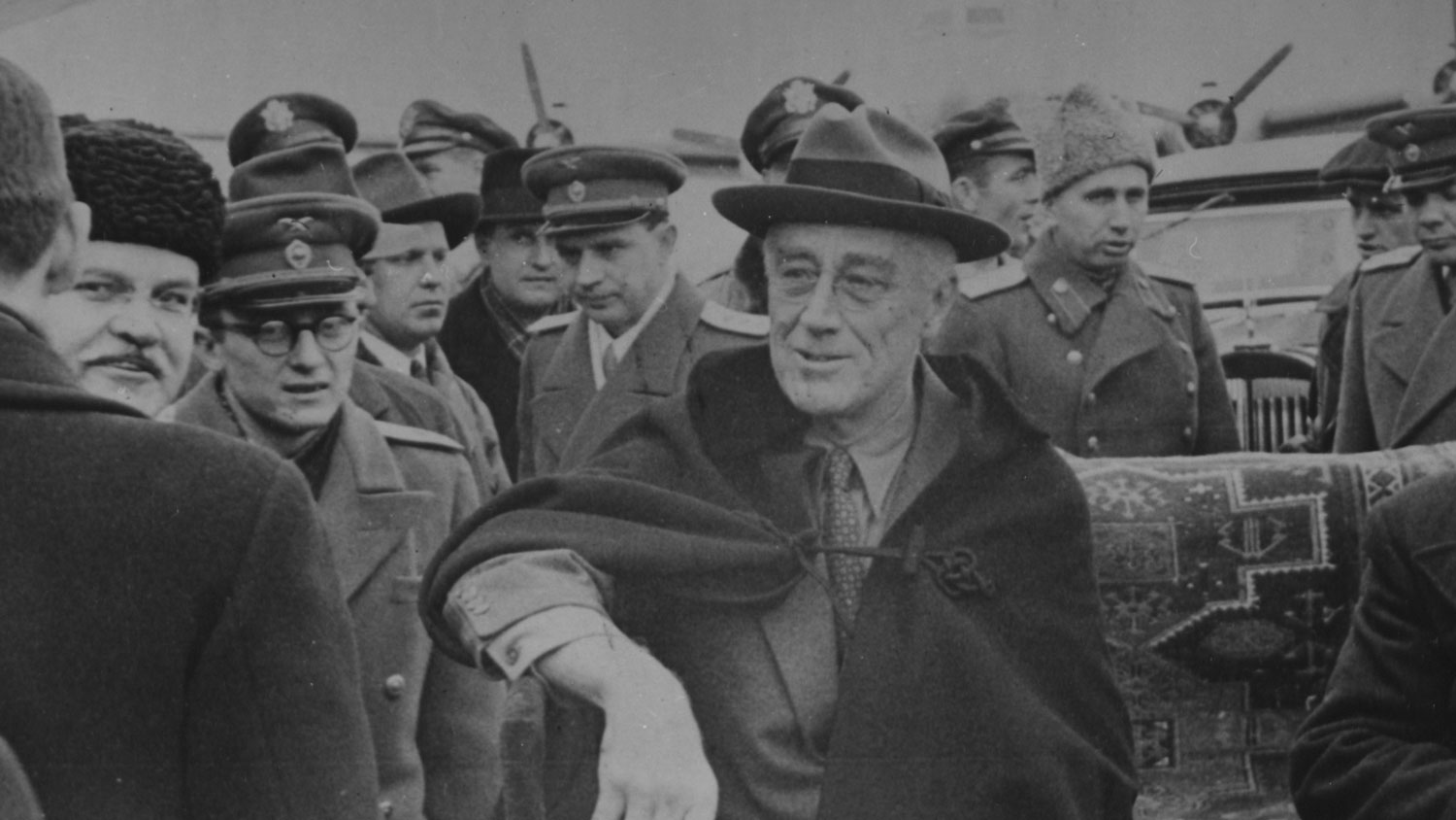 President Franklin D. Roosevelt greeted by High Russian Officials upon his arrival at Saki, Crimea, to attend the Yalta Conference in February 1945 CREDIT National Archive and Records Administration