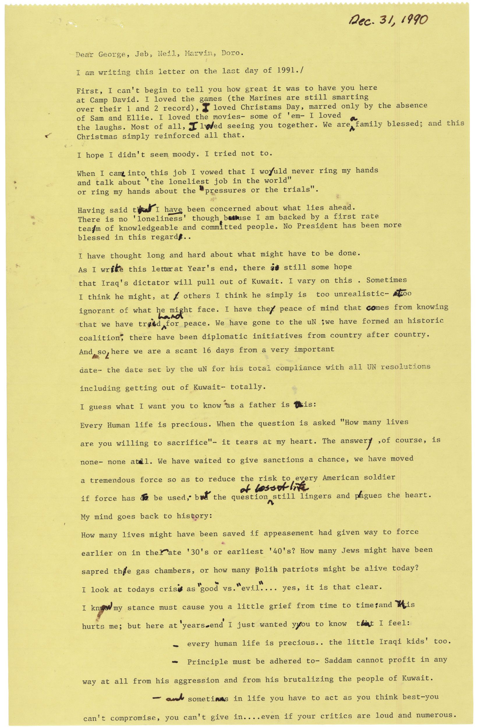 Page 1 of 2 written by George HW Bush to his children on 31 Dec 1990 31121990 CREDIT National Archives and George Bush Library.jpg