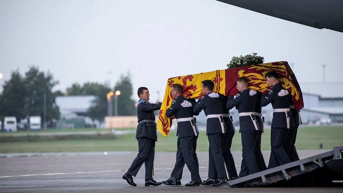 Pallbearers from the Royal Air Force Regiment carry the coffin of Her Majesty Queen Elizabeth II 13092022 credit MOD.jpg