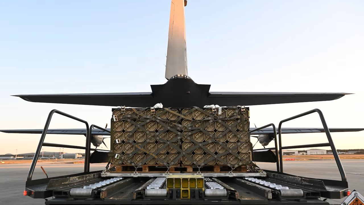 Pallets of ammunition are loaded onto an 86th Airlift Wing C-130J Super Hercules at Ramstein Air Base 07082022 CREDIT US DOD