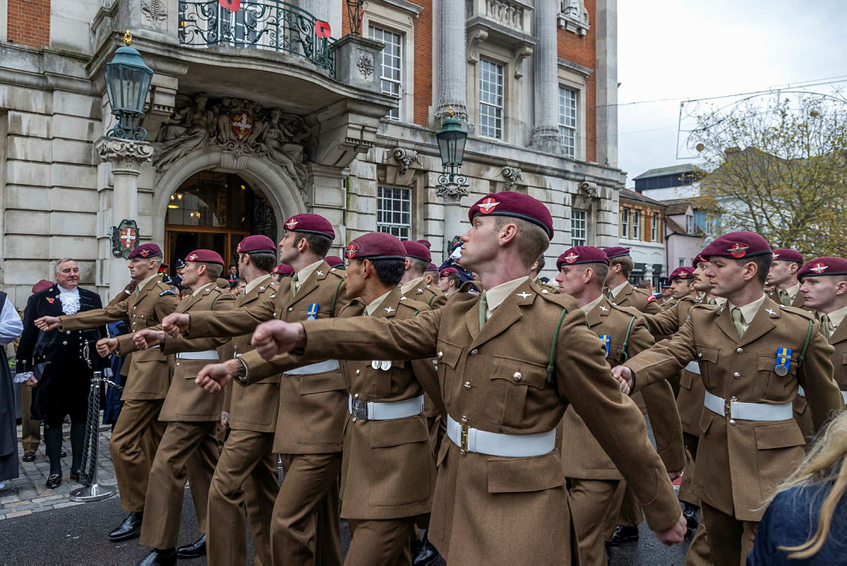 Members of the Parachute Regiment march through Colchester which has been a garrison for 2,000 years