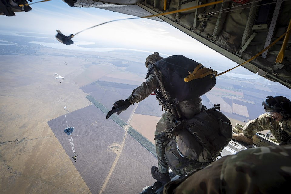 A paratrooper from 16 Air Assault Brigade jumping into Ukraine ahead of Exercise Joint Endeavour, conducting training alongside Ukrainian troops, in 2020 (Picture: MOD).