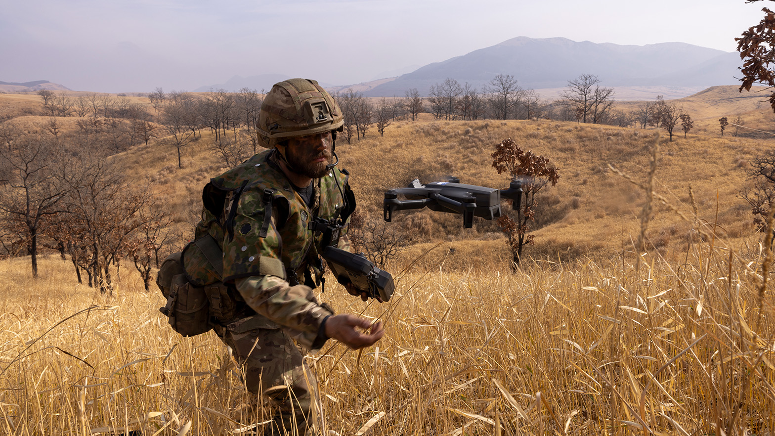 Paratrooper from B Company, 3rd Battalion, The Parachute Regiment, brought in his Parrot Anafi drone after screening for enemy positions whilst on the final tactical exercise ex vigilant isles 