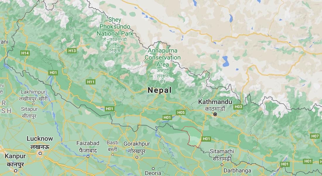 Map of Parsa district today outlined in red, south of Kathmandu
