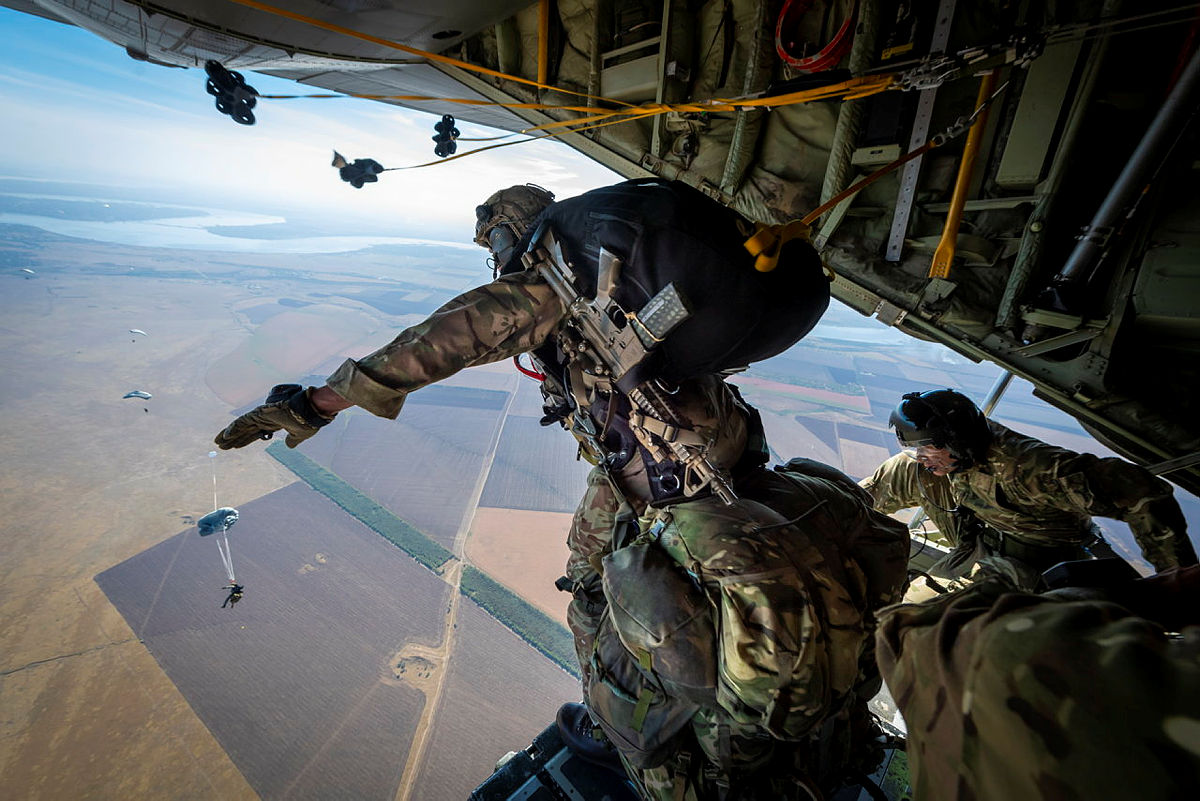British Army Pathfinders Paratroopers jumping from a C130 Hercules during training in Ukraine