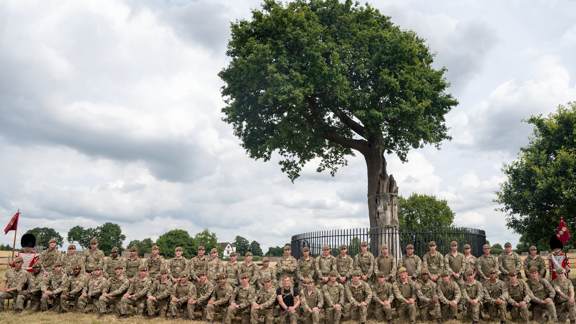 Personnel from Inkerman Company Grenadier Guards pose by the Royal Oak at the end of their 150 mile mission (Picture: British Army).