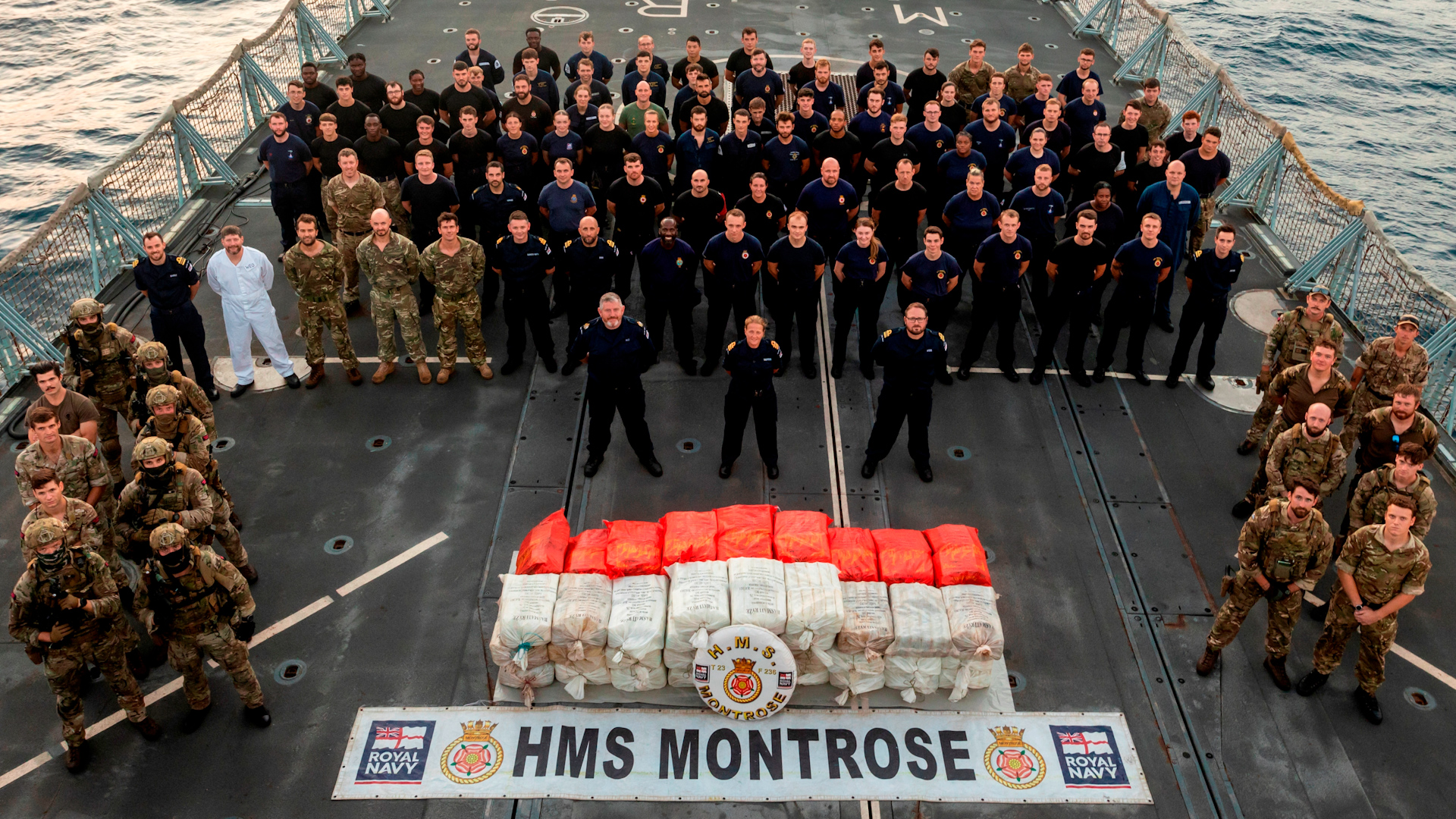 Personnel onboard HMS Montrose with a £15m drugs haul 