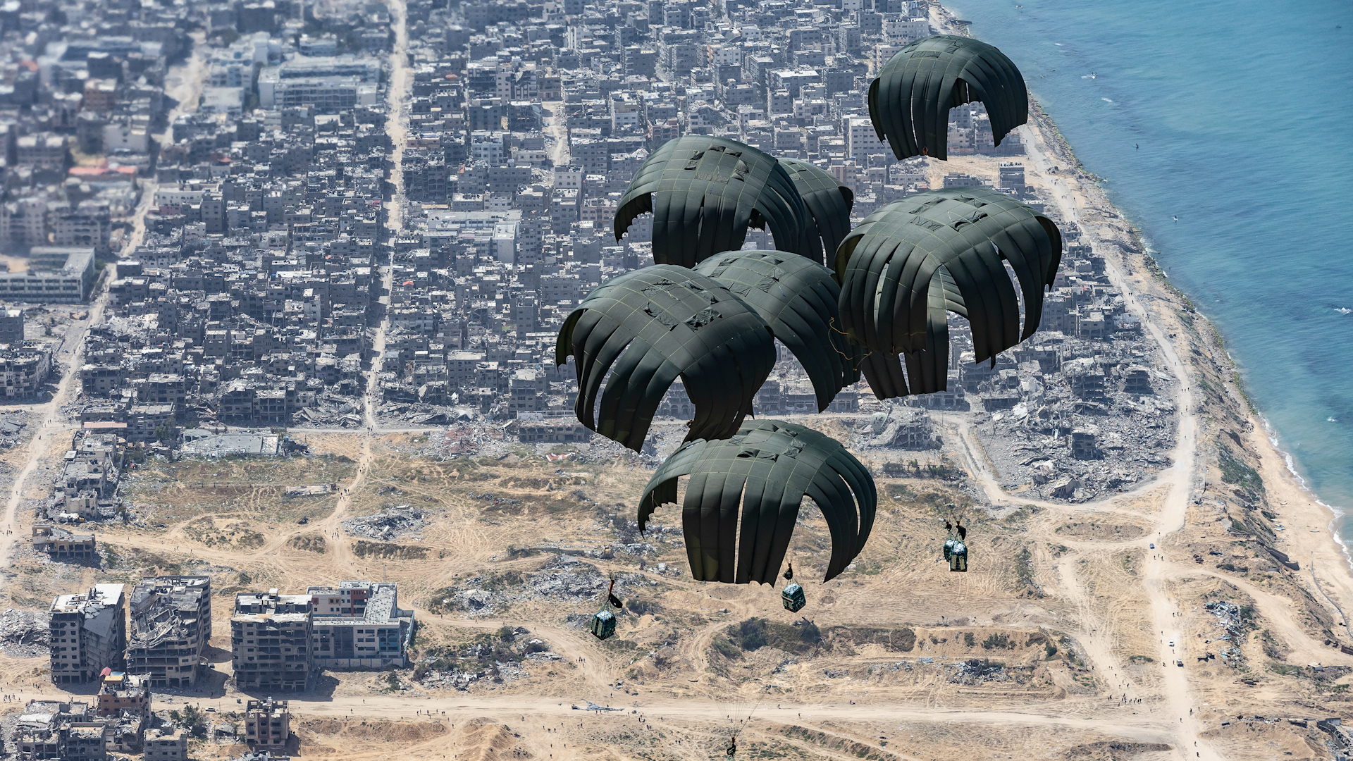 Photo issued by the MOD of humanitarian aid being air dropped over Gaza from an RAF A400M Atlas aircraft (Picture: CPL Tim Laurence/ RAF MOD Crown Copyright PA).
