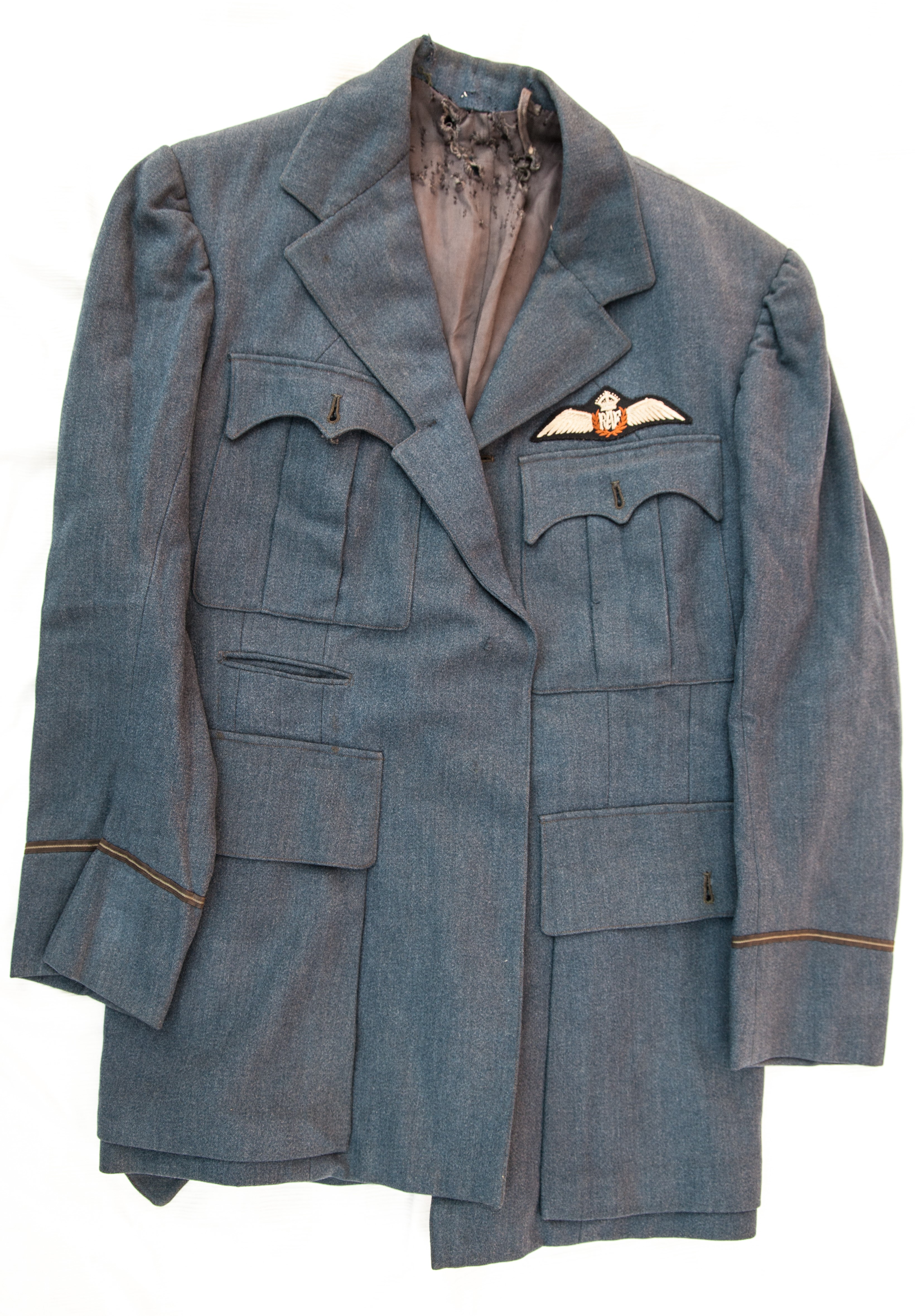 Pilot Officer (later Group Captain) Ronald N H Courtney’s RAF Service jacket. It sustained shrapnel damage when he was shot down over Dunkirk on 29 May 1940. (Picture: Courtesy of Courtney family).