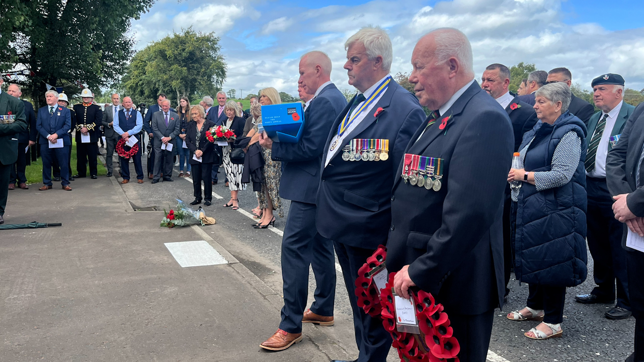 Poppy wreaths were laid during the memorial service in Ballygawley, Co Tyrone, to mark the 35th anniversary of the Ballygawley bus bombing in which eight off-duty soldiers in 1988 (Picture: PA Media).