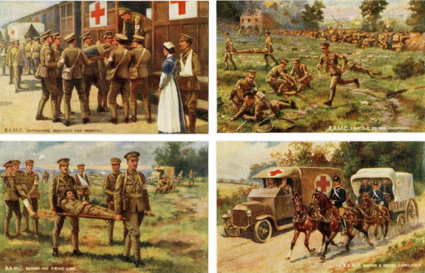 A collection of RAMC (Royal Army Medical Corps) postcards depicting events around the time of the retreat from Mons (images from worldwar1postcards.com)