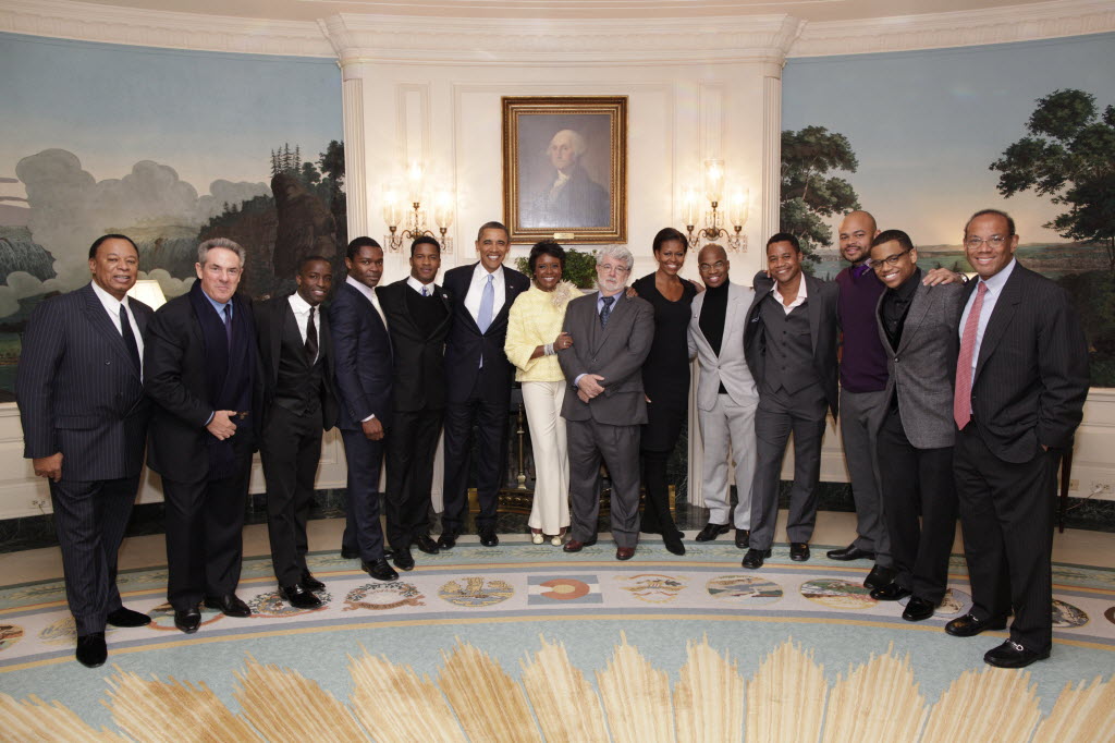 President Barack Obama and First Lady Michelle Obama greet Red Tails cast and crew in 2012 CREDIT National Archives and Records Administration