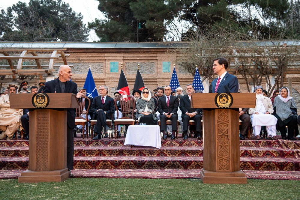 President of Afghanistan Ashraf Ghani and Defense Secretary Mark Esper speak at the US-Afghanistan Joint Declaration Announcement in Kabul, Afghanistan on Saturday (Picture US Department of Defense).