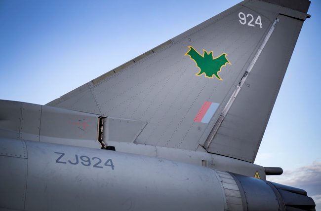An RAF Lossiemouth Typhoon recently painted with the IX(B) Squadron markings. Crown copyright. 