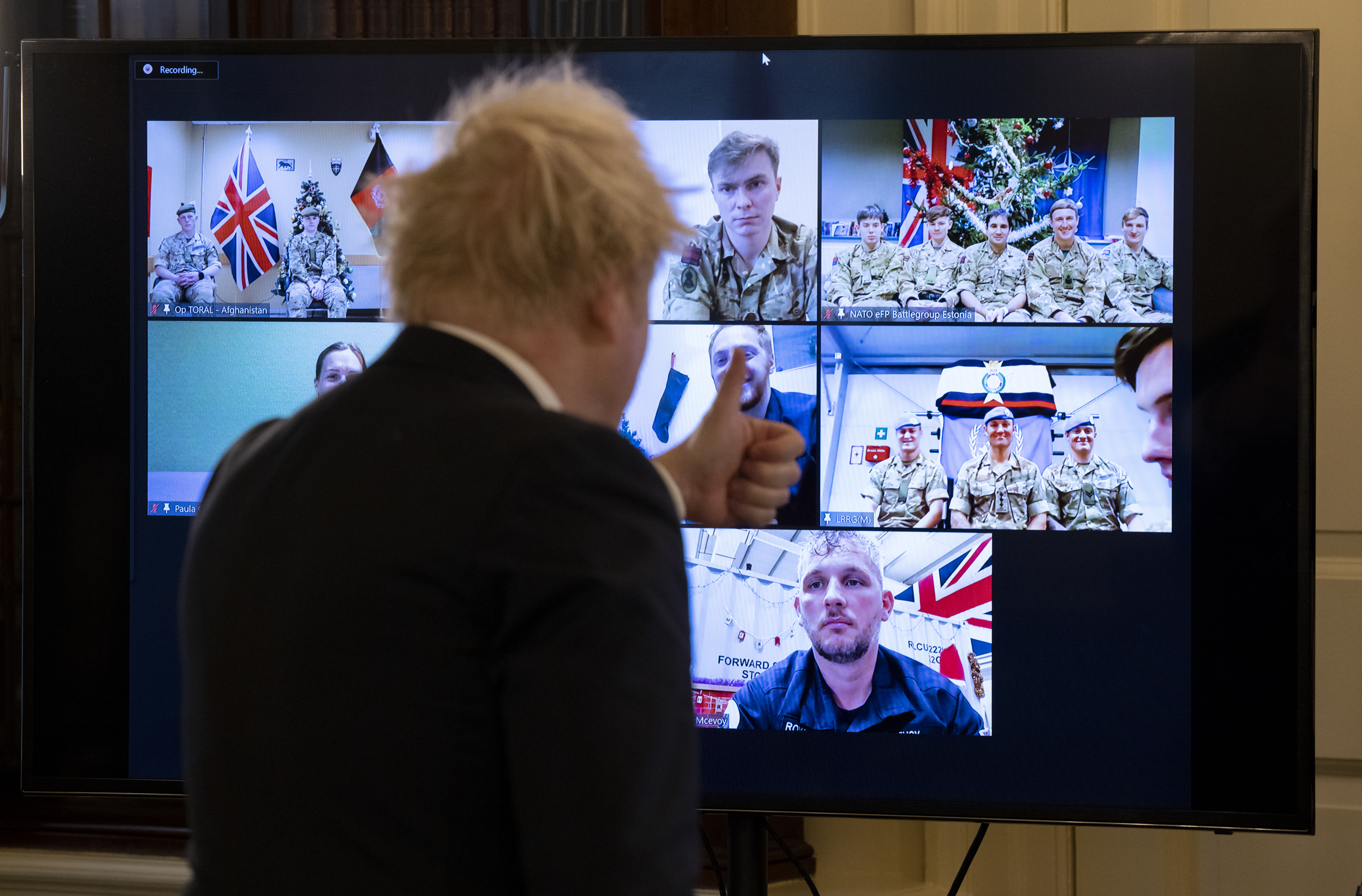 Boris Johnson gives a 'thumbs up' to the personnel on the call (Picture: Number 10).
