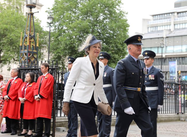 Prime Minister Theresa May arrives at the RAF100 Celebration Ceremony at Westminster Abbey CREDIT MOD