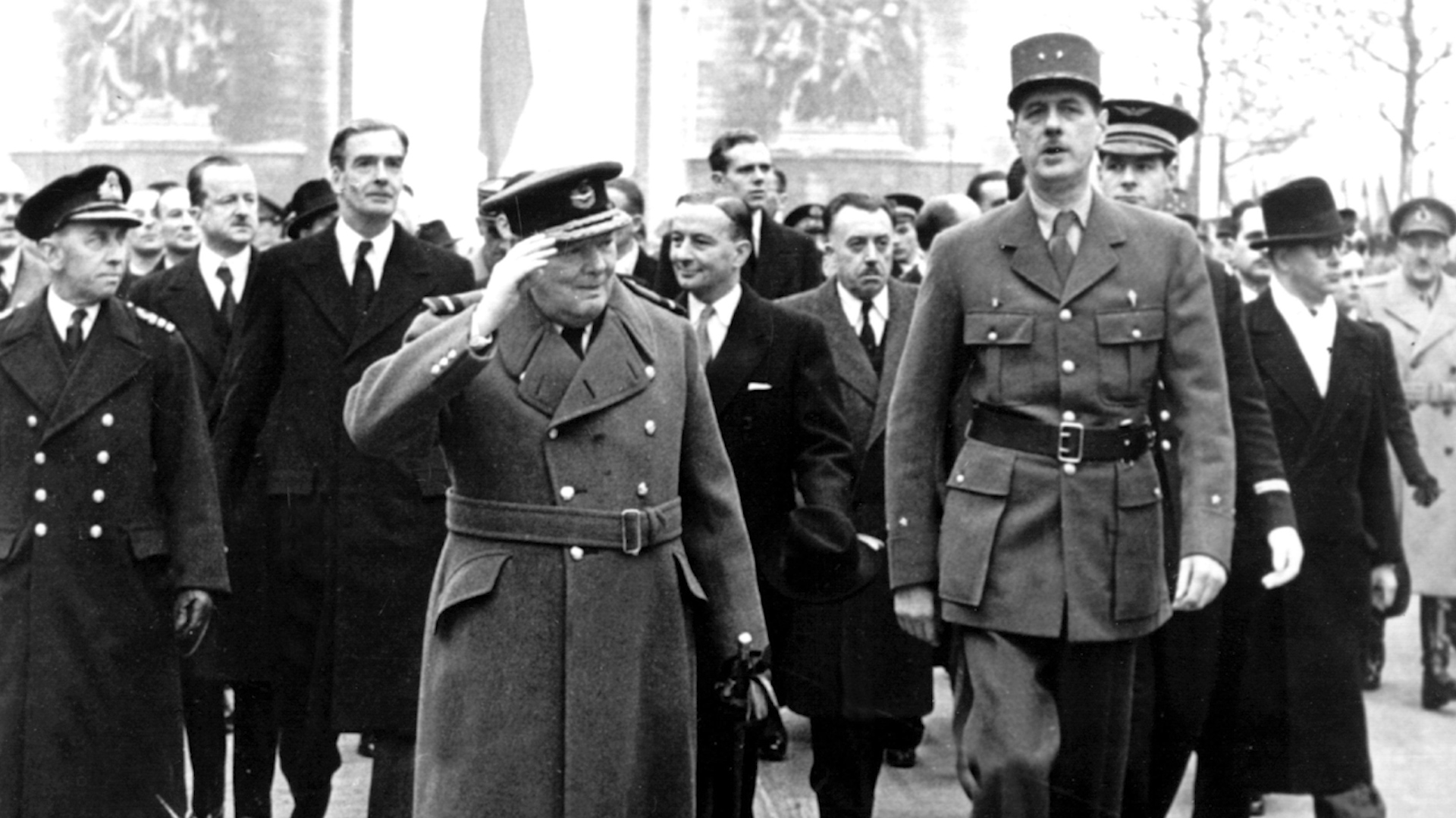 Prime Minister Winston Churchill (l) and General Charles de Gaulle walk down the Champs Elysees after the liberation of Paris (Picture: PA images).