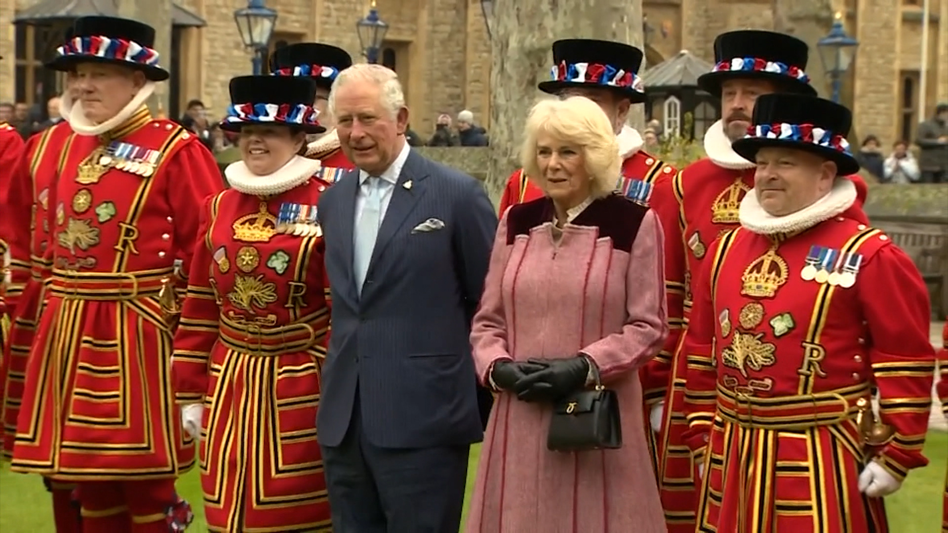 Prince Charles and Camilla with Yeoman Warders.