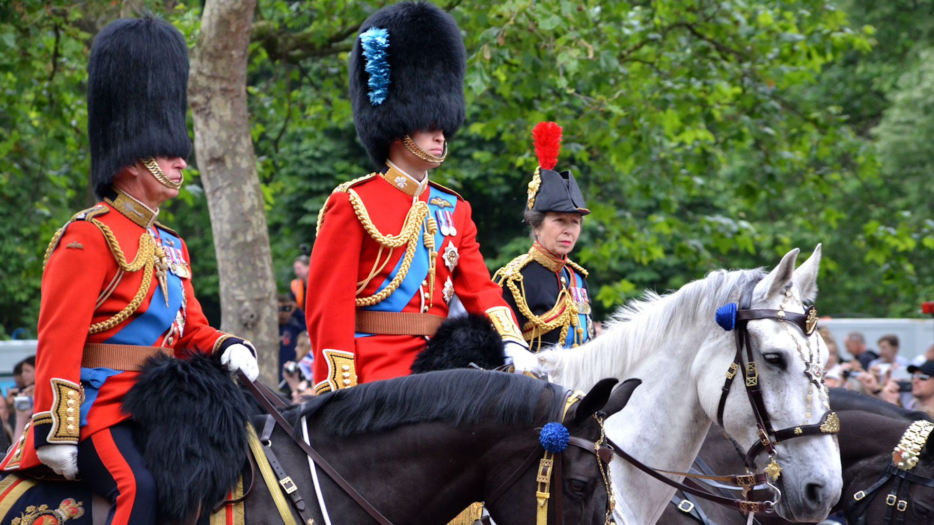 Prince Charles, Prince Williams and Princess Anne on their Horses at the 2016 Trooping the Colour Parade along The Mall Image ID 2R0X3XT 110516 CREDIT Andrew Ruff Alamy Stock Photo