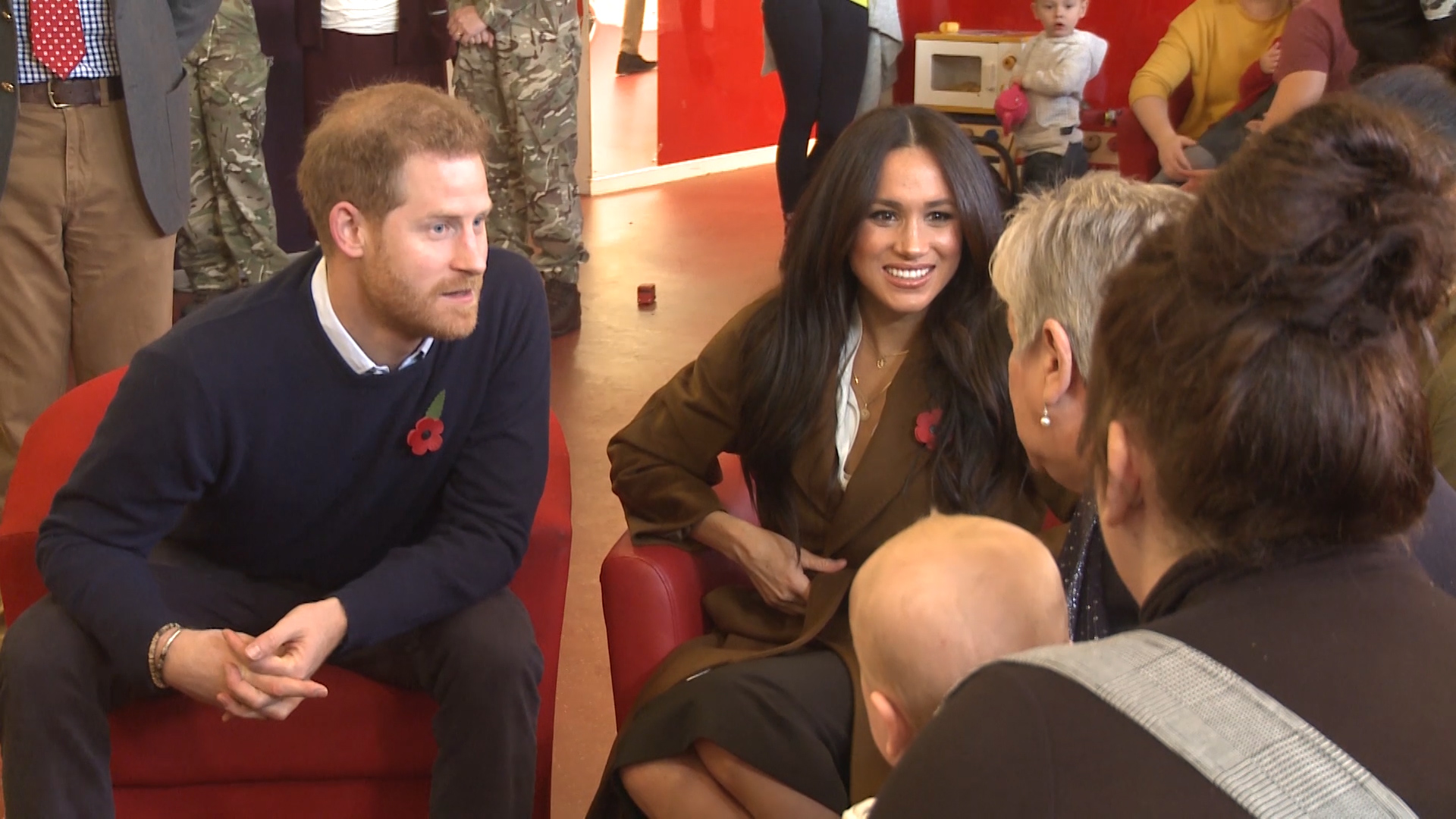 The Duke and Duchess of Sussex surprising military wives at a coffee morning in November.