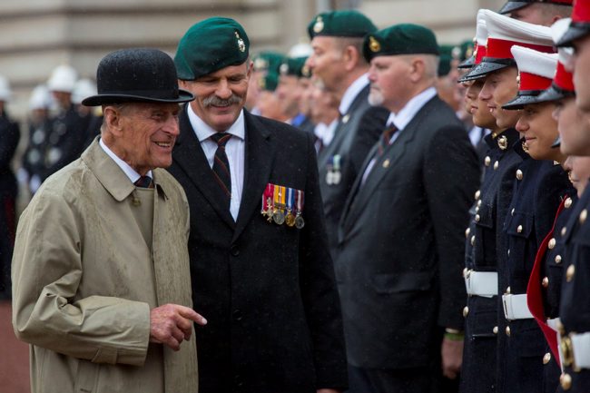 Prince Philip meeting Royal Marines cadets during his final public engagement (Picture: MOD).