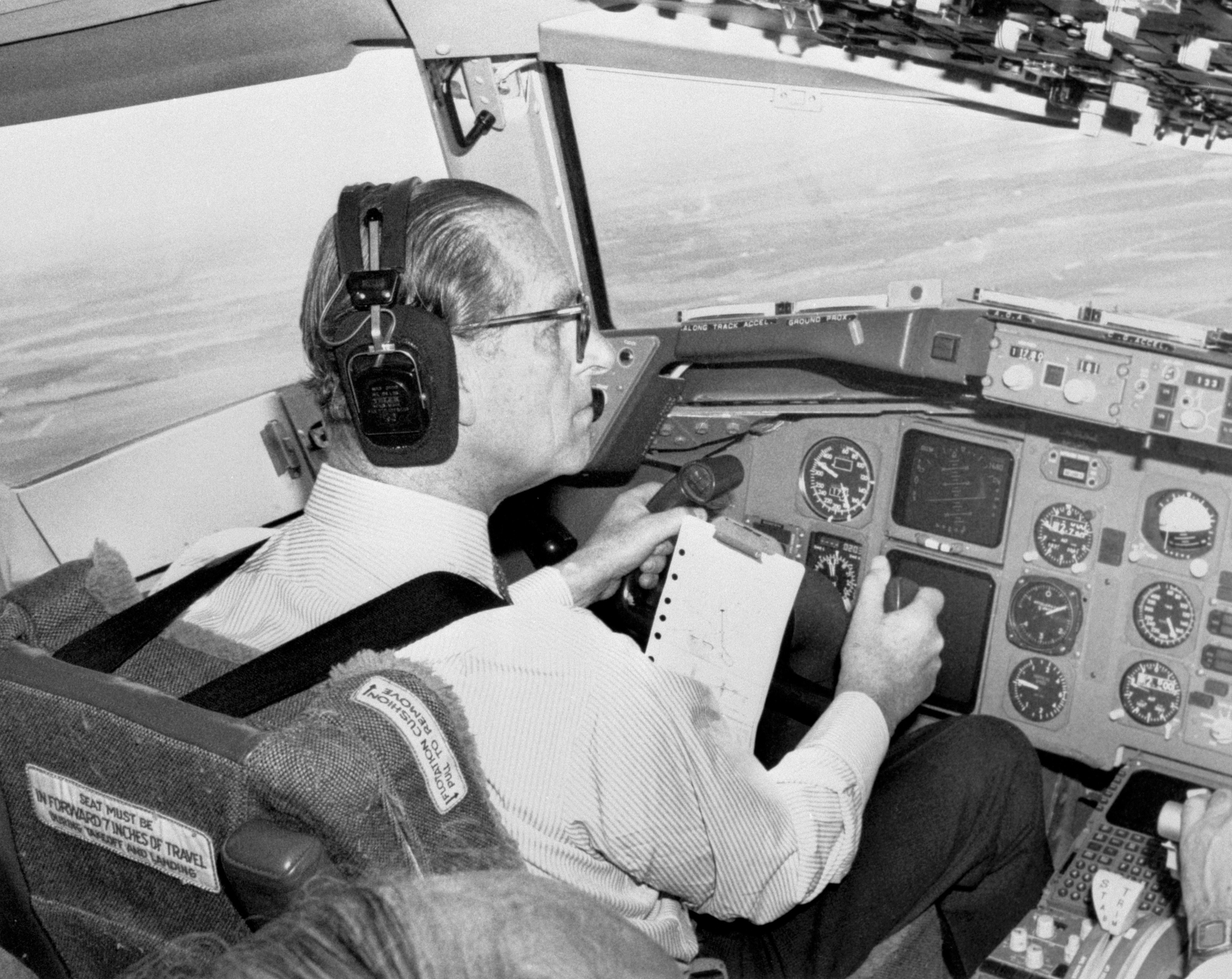 Prince Philip in cockpit of a Boeing 757