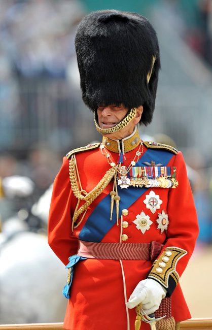 Prince Philip wearing bearskin as Colonel of Grenadier Guards at 2011 Trooping the Colour 110611 CREDIT MOD