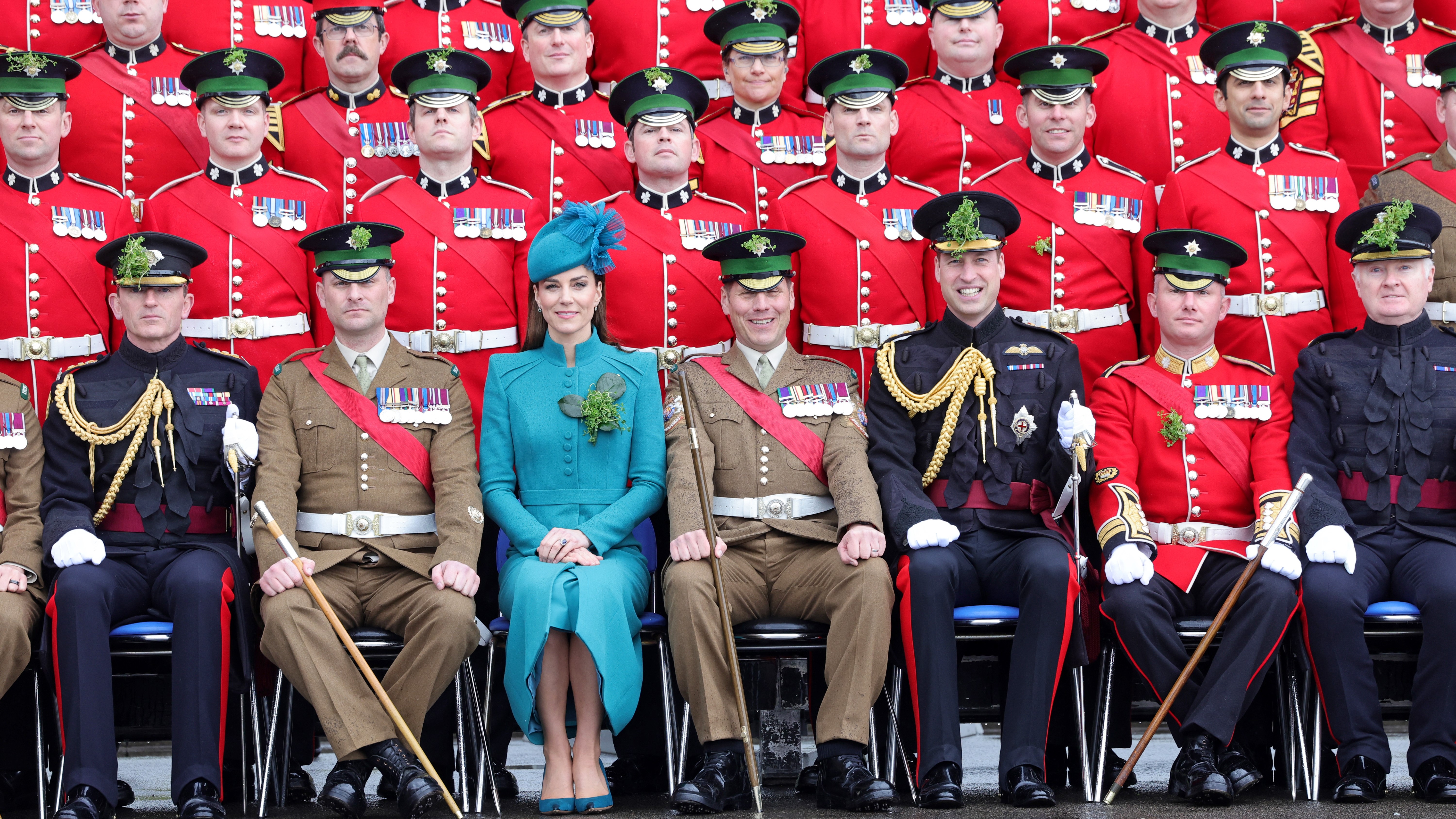 Prince and Princess of Wales sit for a group photo during a visit to the 1st Battalion Irish Guards 17032023 NO REUSE CREDIT PA WIRE, PA IMAGES