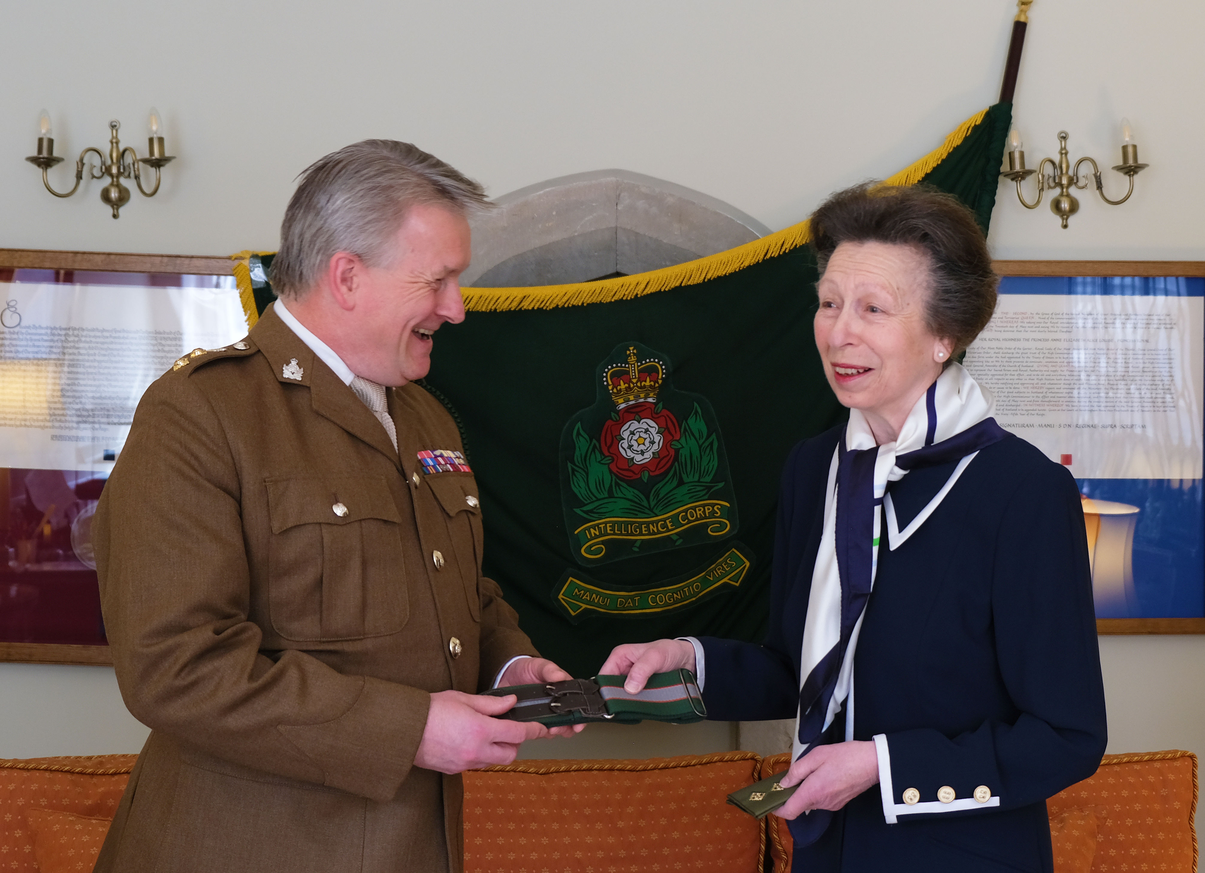 Princess Anne at an audience with senior members of the British Army's Intelligence Corps as she becomes the Corps Colonel in Chief 